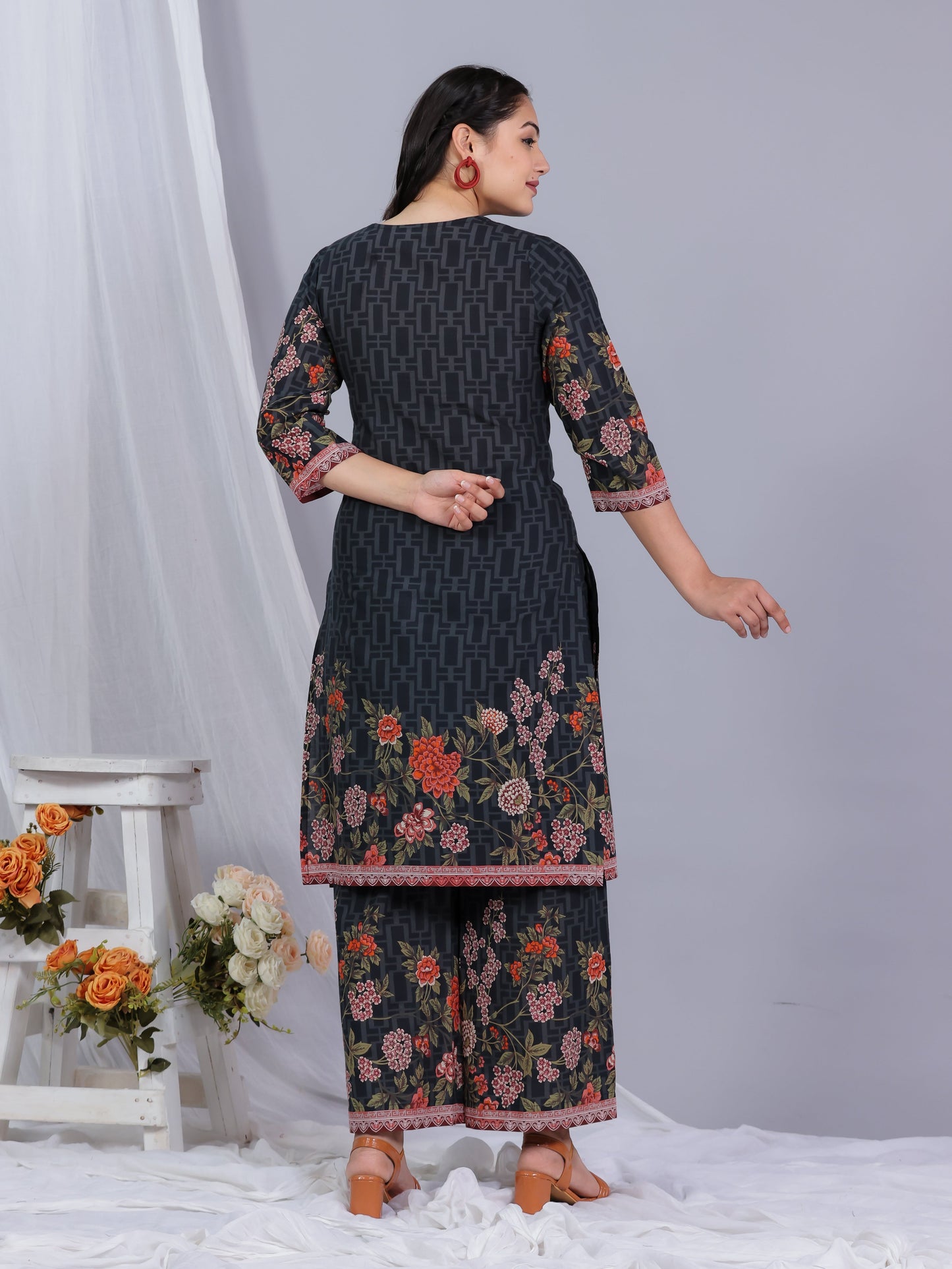 Embroidered Soft Cotton Placement Print Straight Black Kurta
