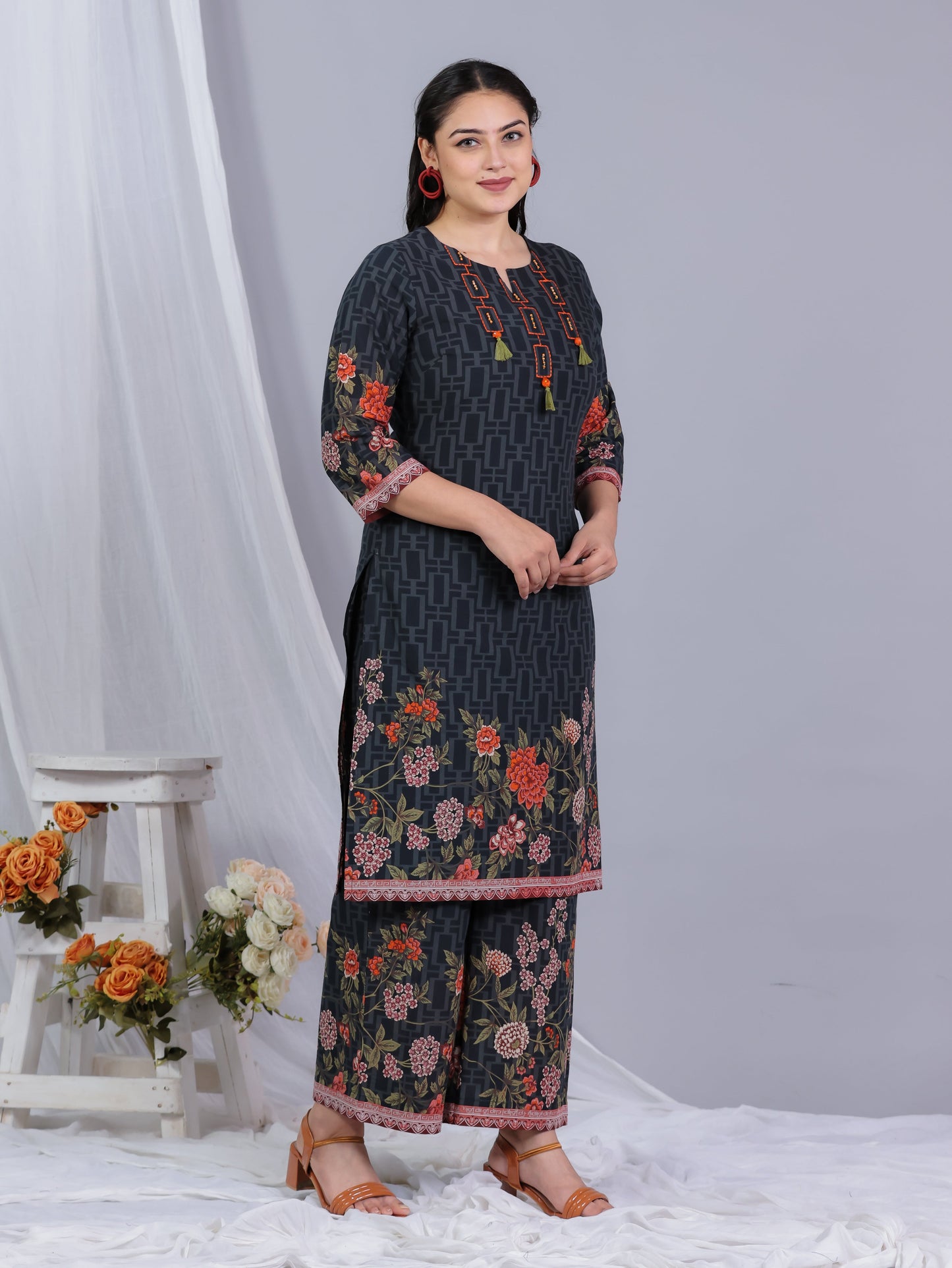Embroidered Soft Cotton Placement Print Straight Black Kurta