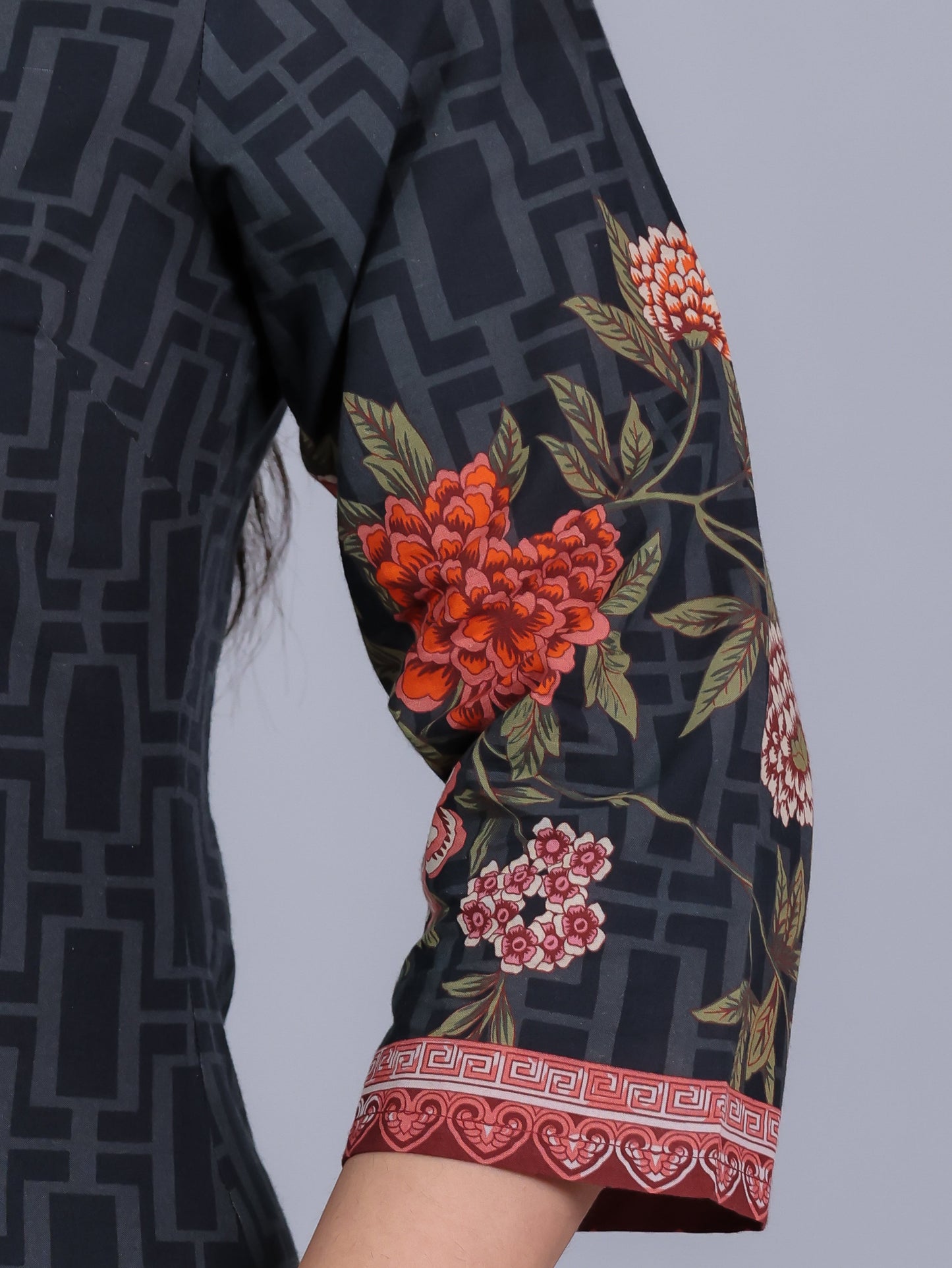 Embroidered Soft Cotton Placement Print Straight Black Kurta