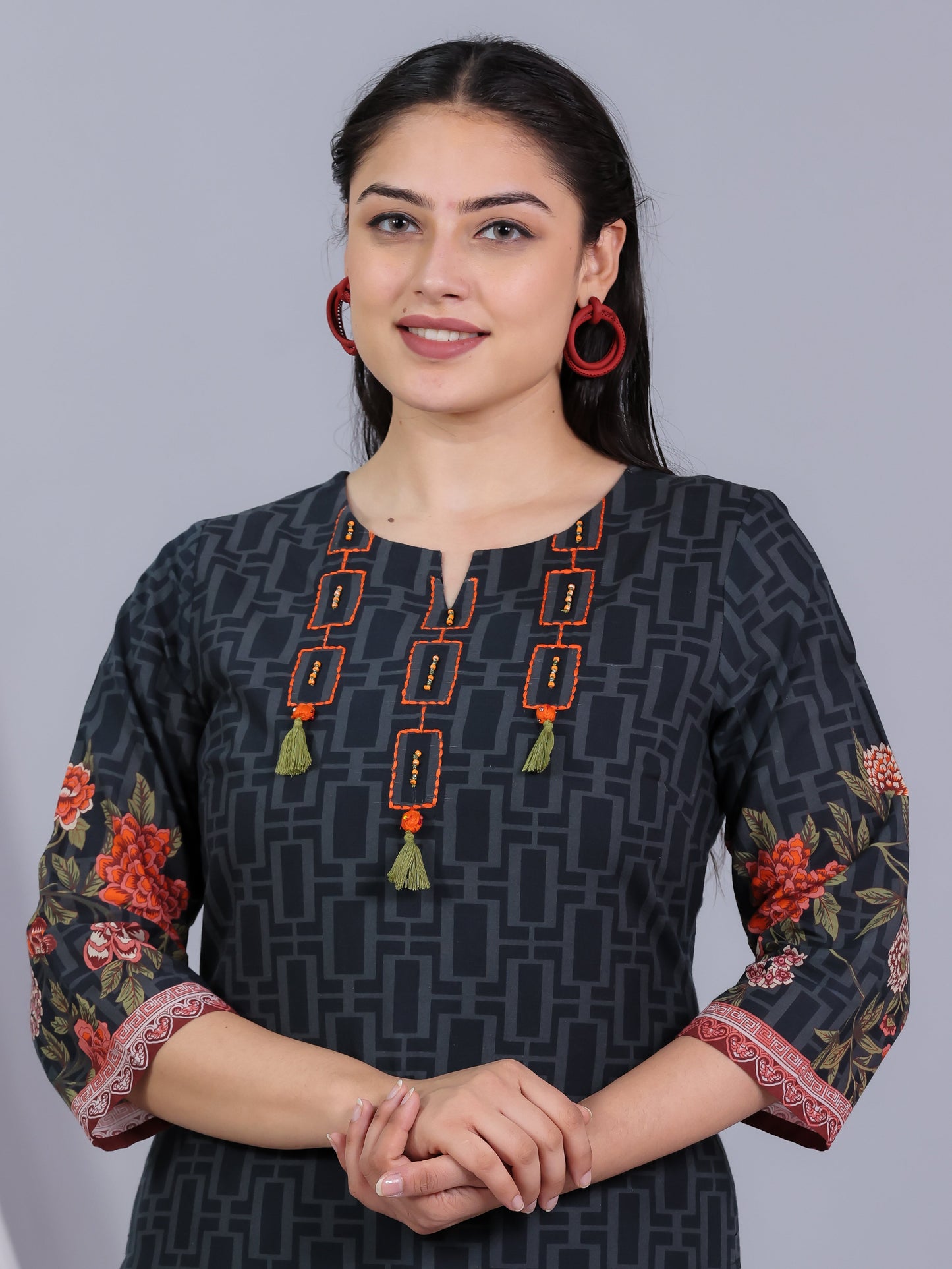 Embroidered Soft Cotton Placement Print Straight Black Kurta