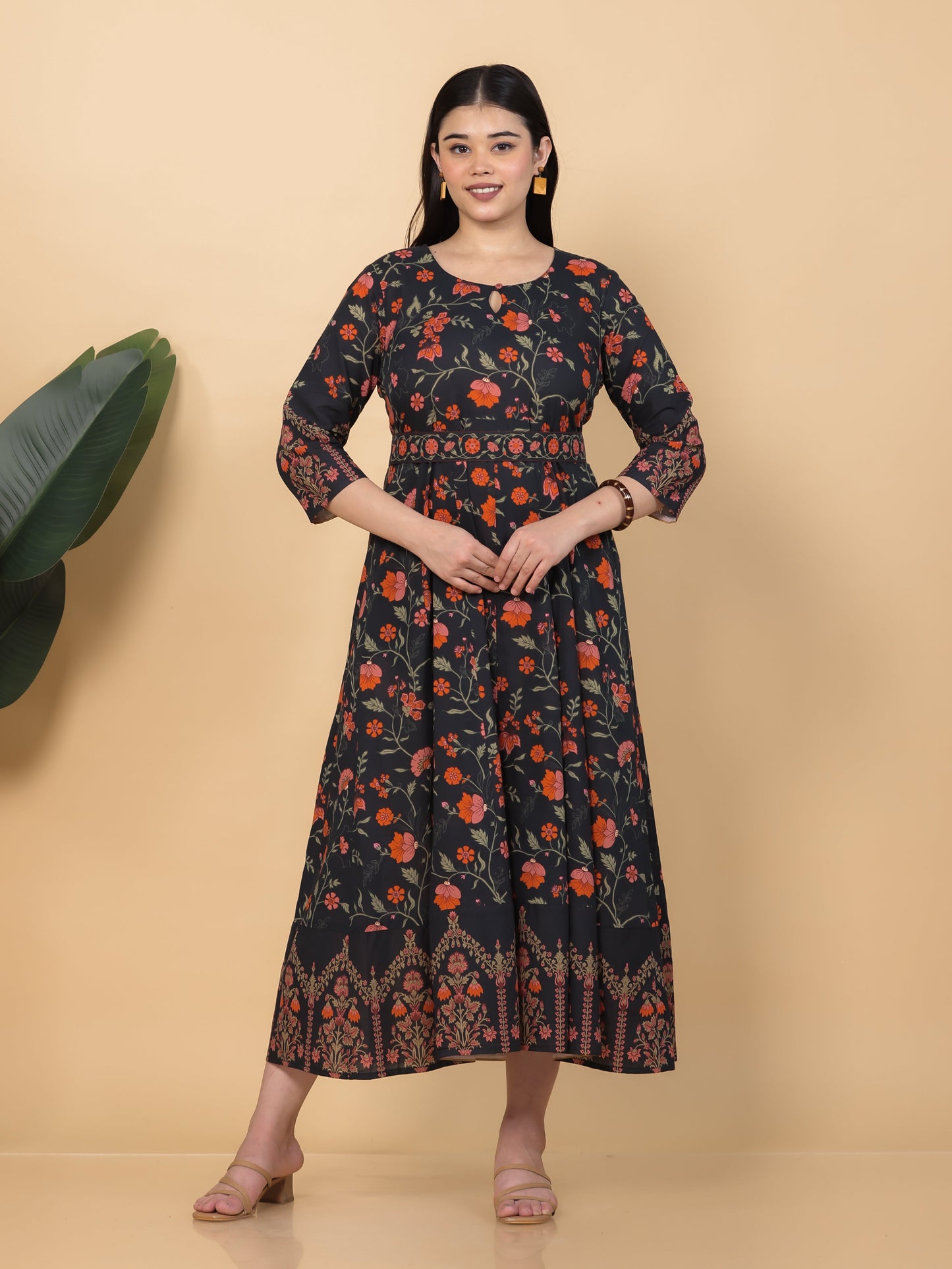 Soft Cotton Floral Anarkali Black Dress