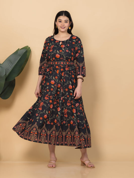 Soft Cotton Floral Anarkali Black Dress