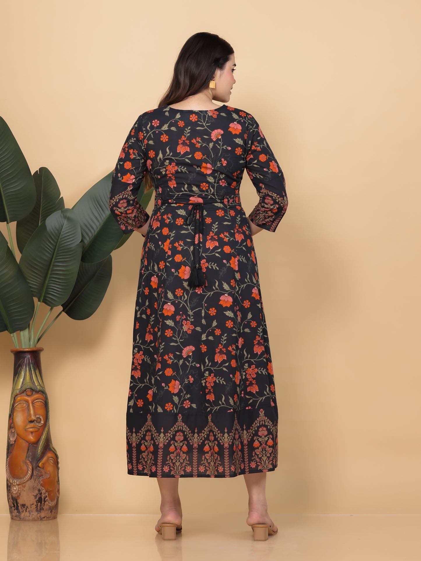 Soft Cotton Floral Anarkali Black Dress