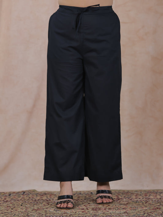 Soft Cotton Solid Black Flared Trousers