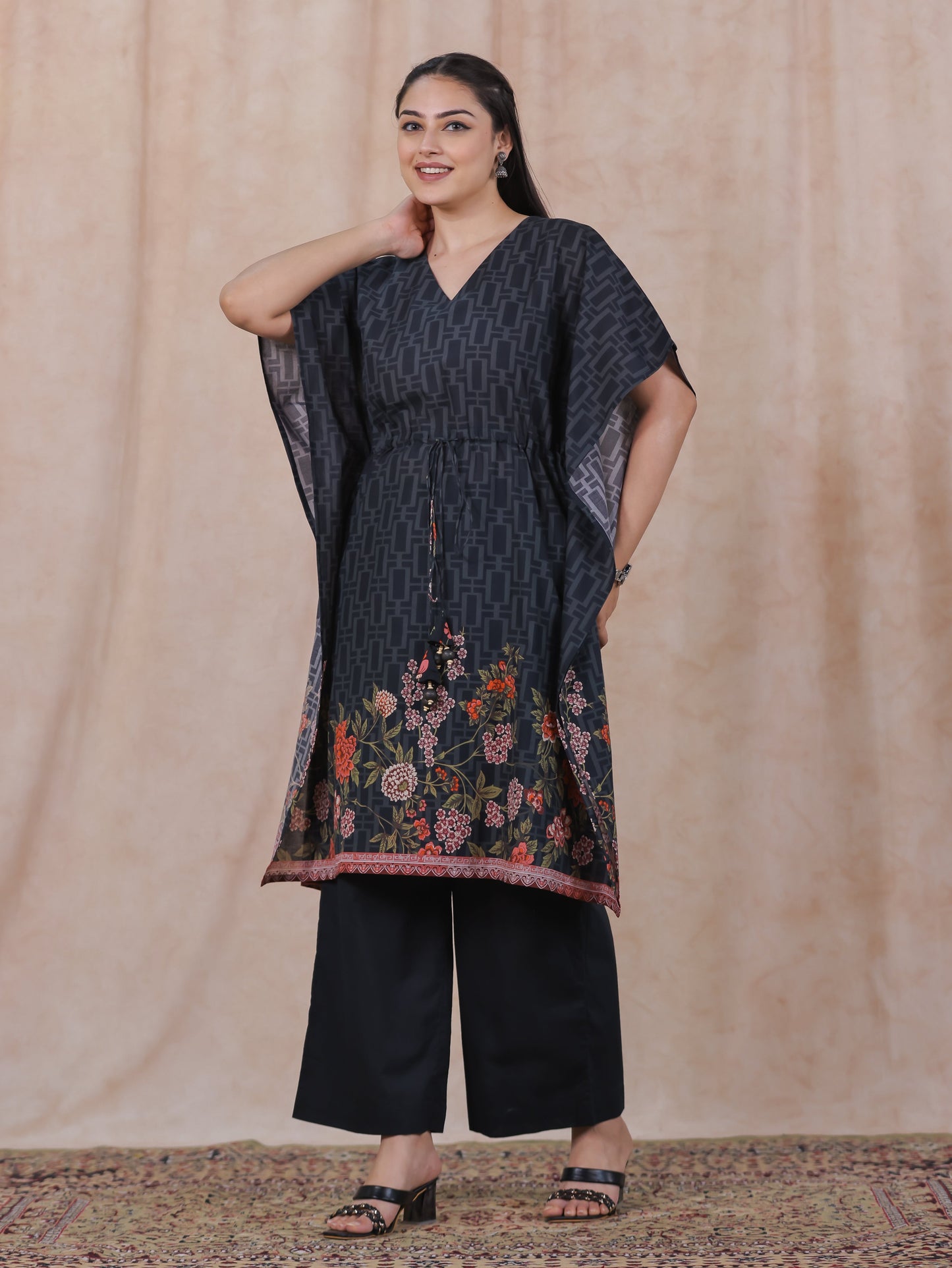 Soft Cotton Placement Print Kaftan Black Kurta