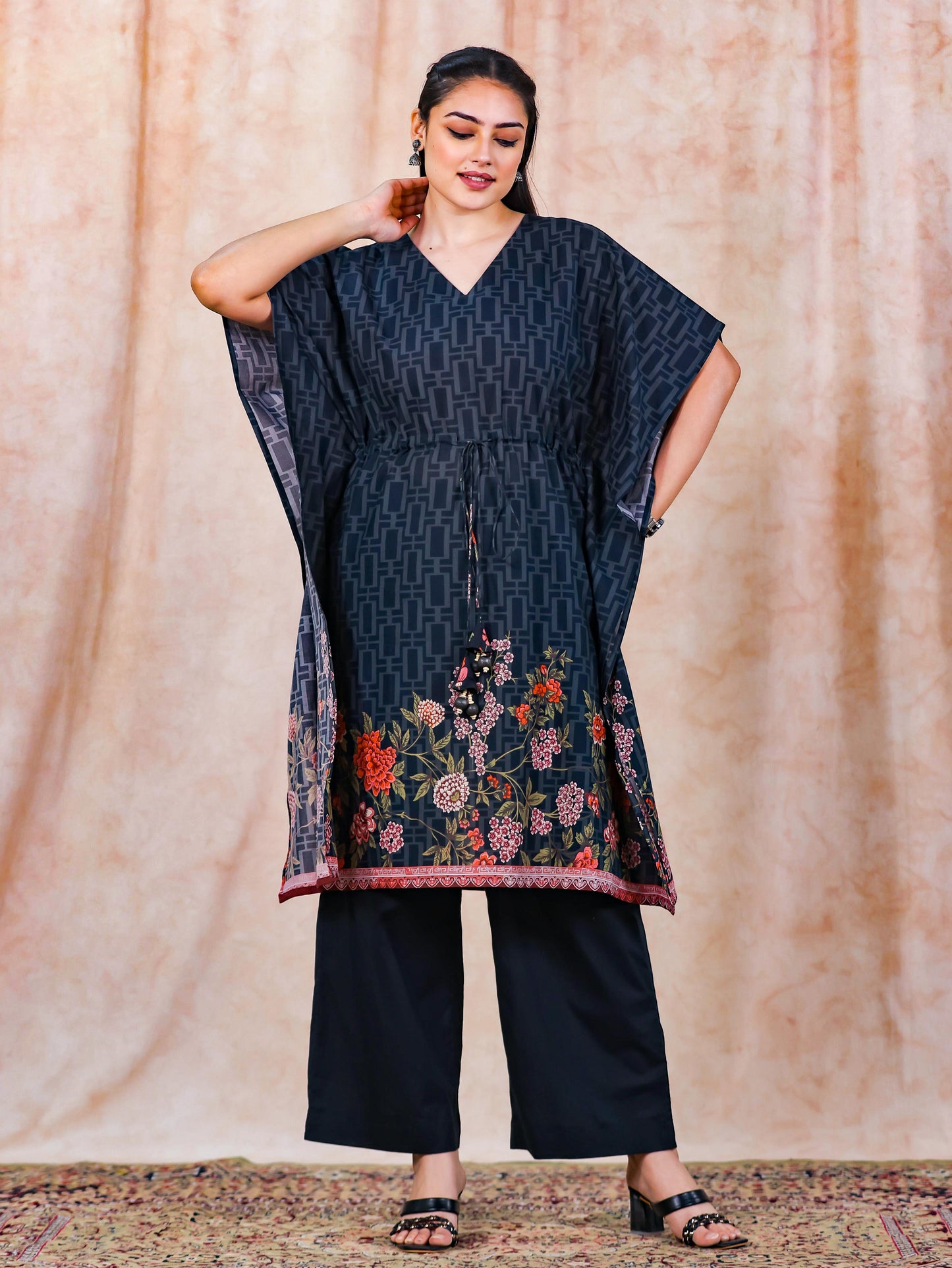 Soft Cotton Placement Print Kaftan Black Kurta