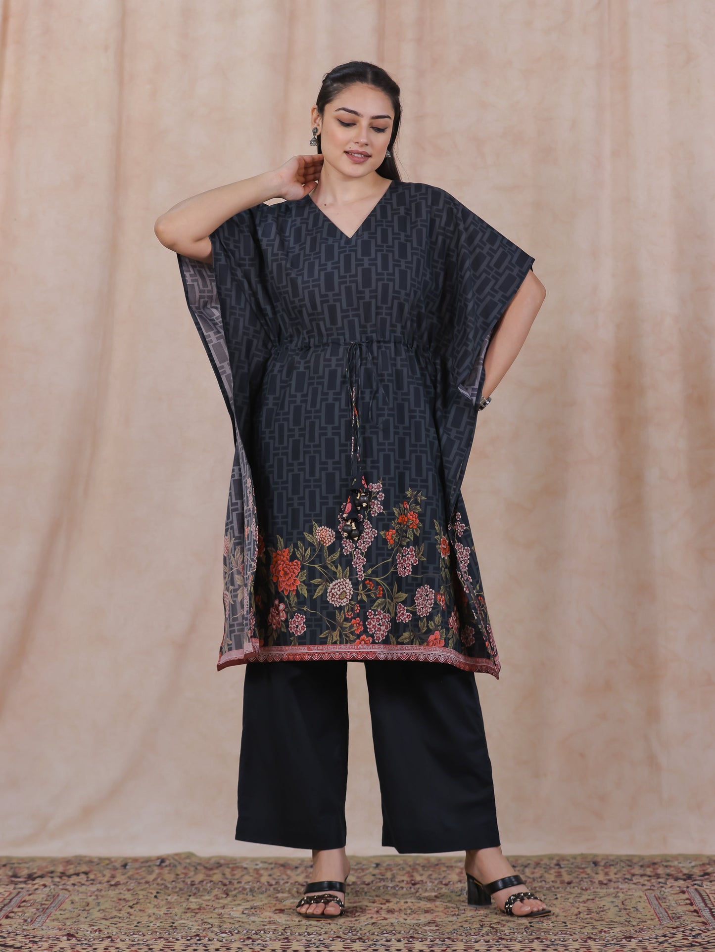 Soft Cotton Placement Print Kaftan Black Kurta