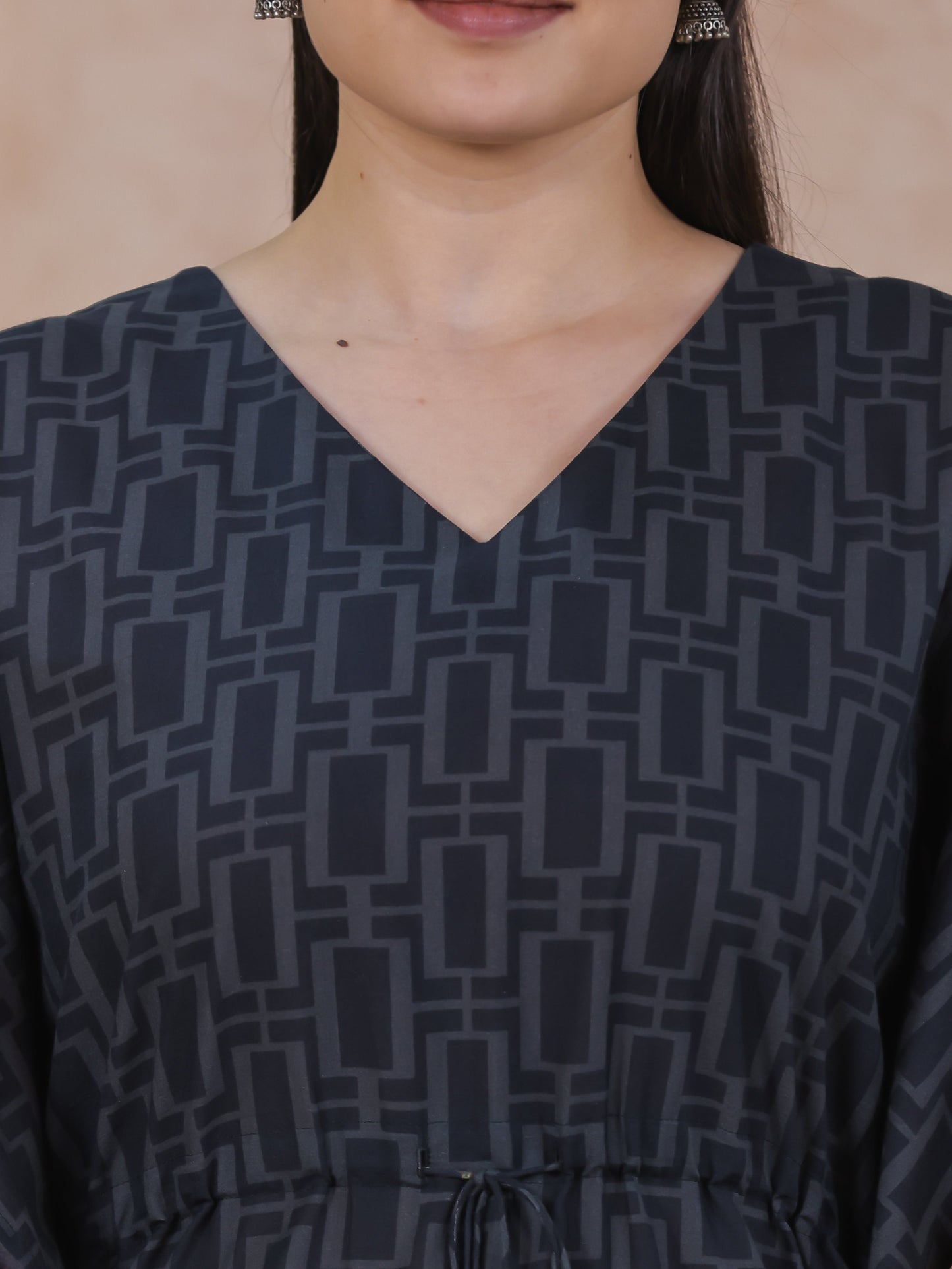Soft Cotton Placement Print Kaftan Black Kurta
