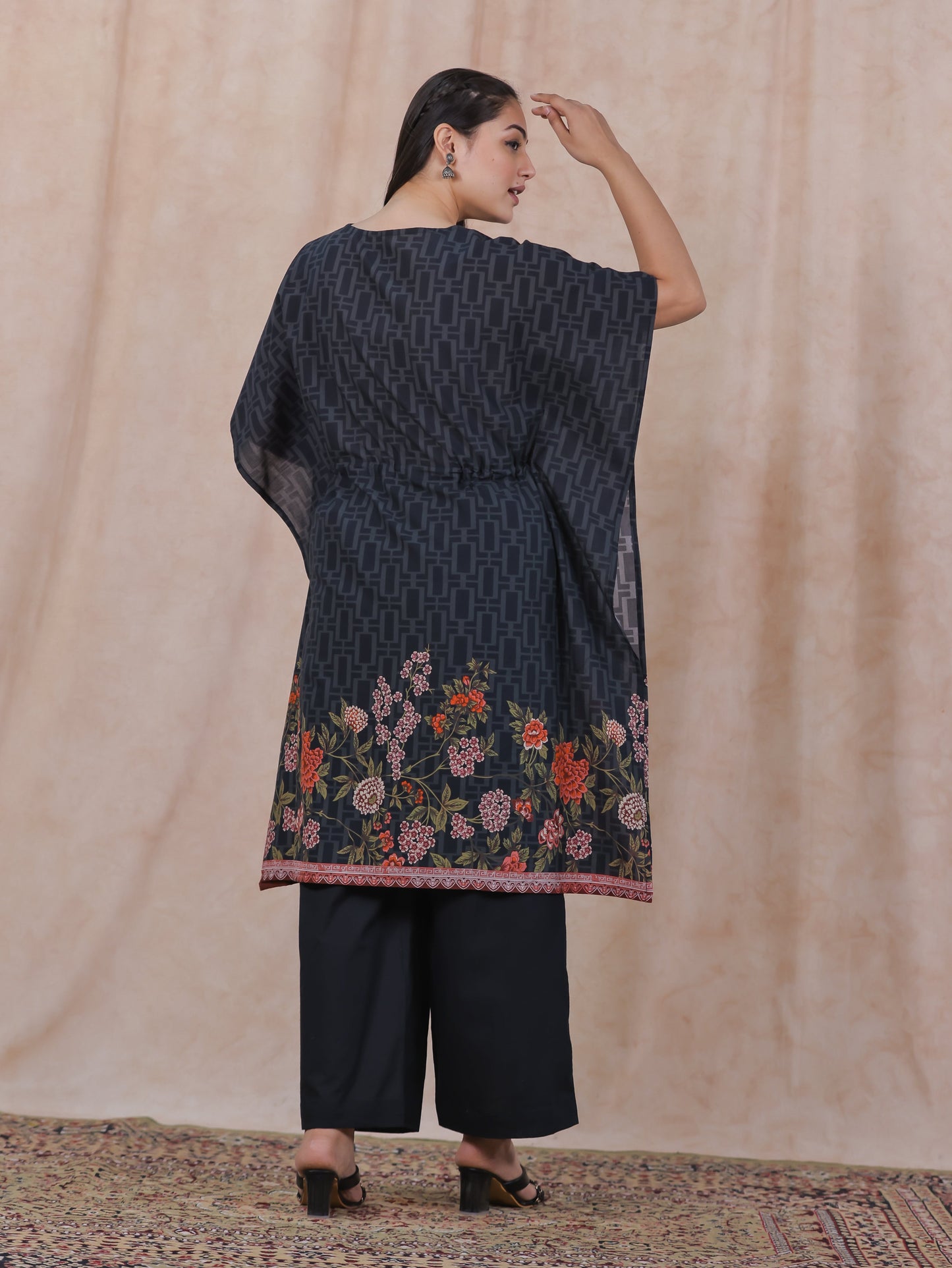 Soft Cotton Placement Print Kaftan Black Kurta