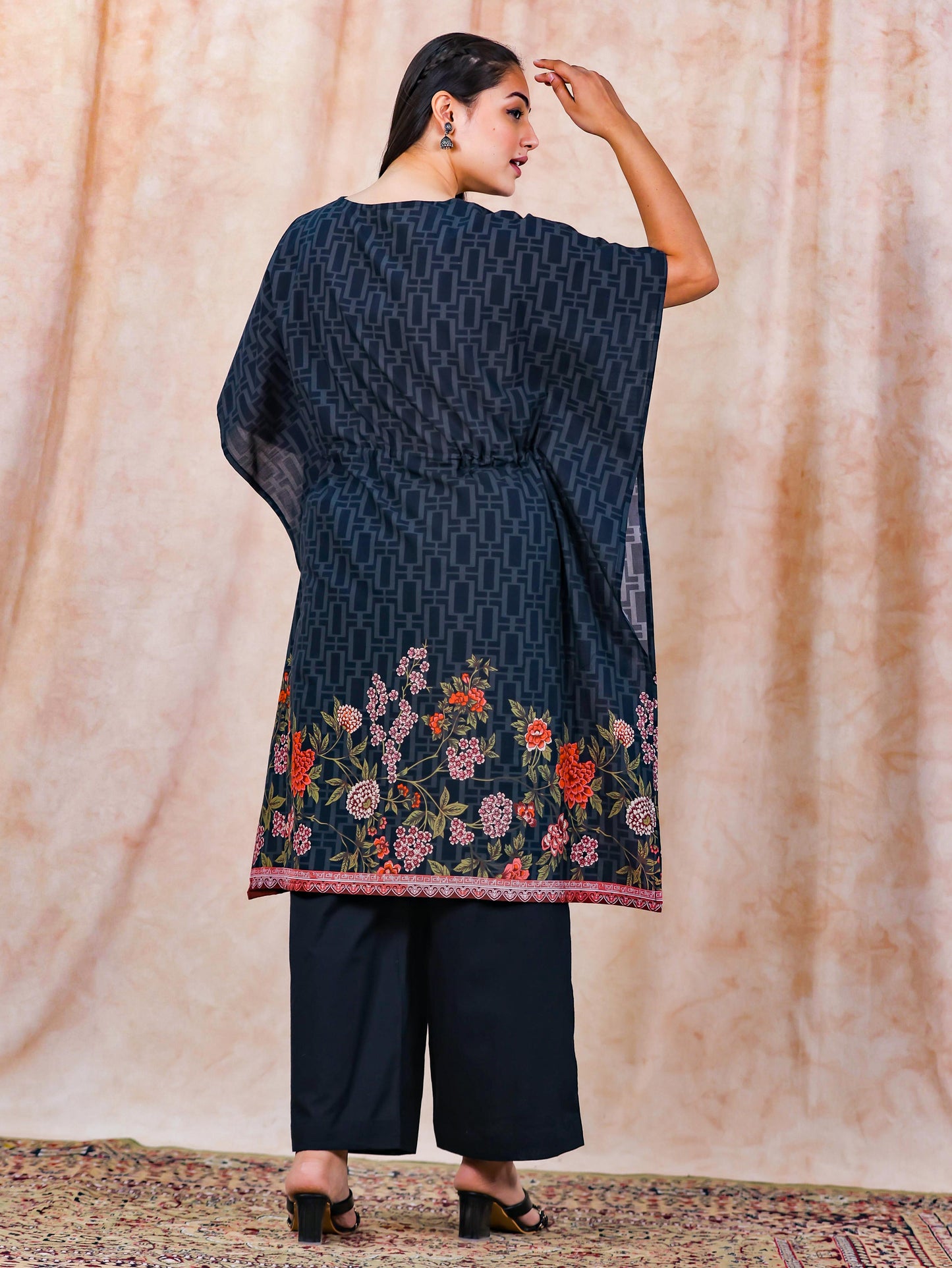 Soft Cotton Placement Print Kaftan Black Kurta