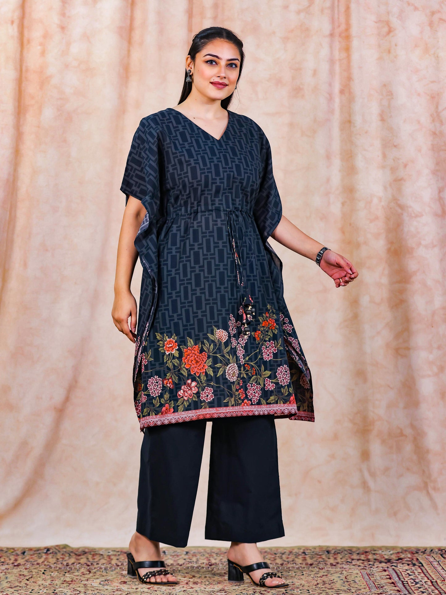 Soft Cotton Placement Print Kaftan Black Kurta