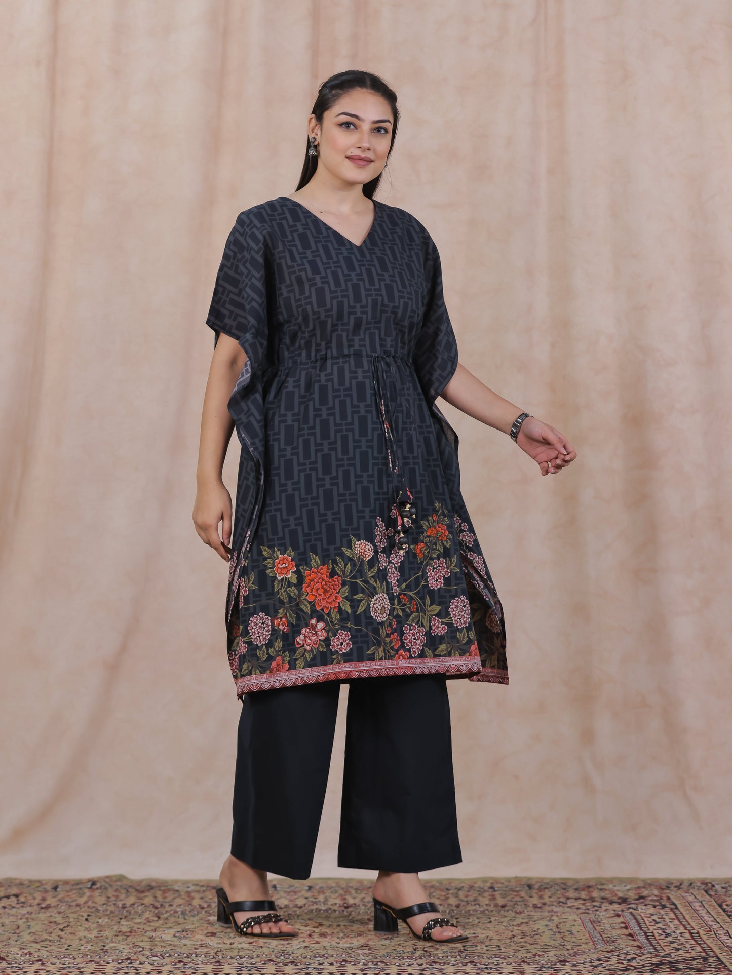 Soft Cotton Placement Print Kaftan Black Kurta