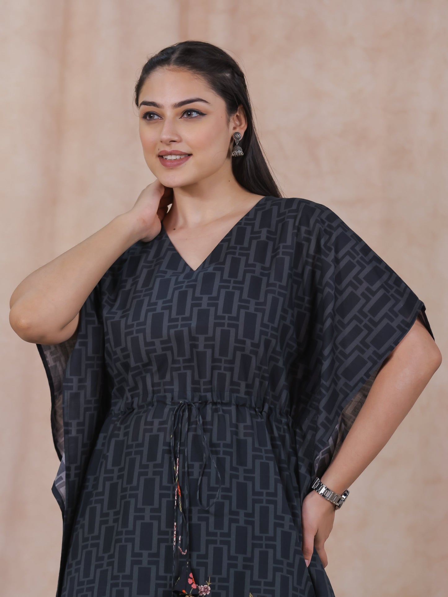 Soft Cotton Placement Print Kaftan Black Kurta