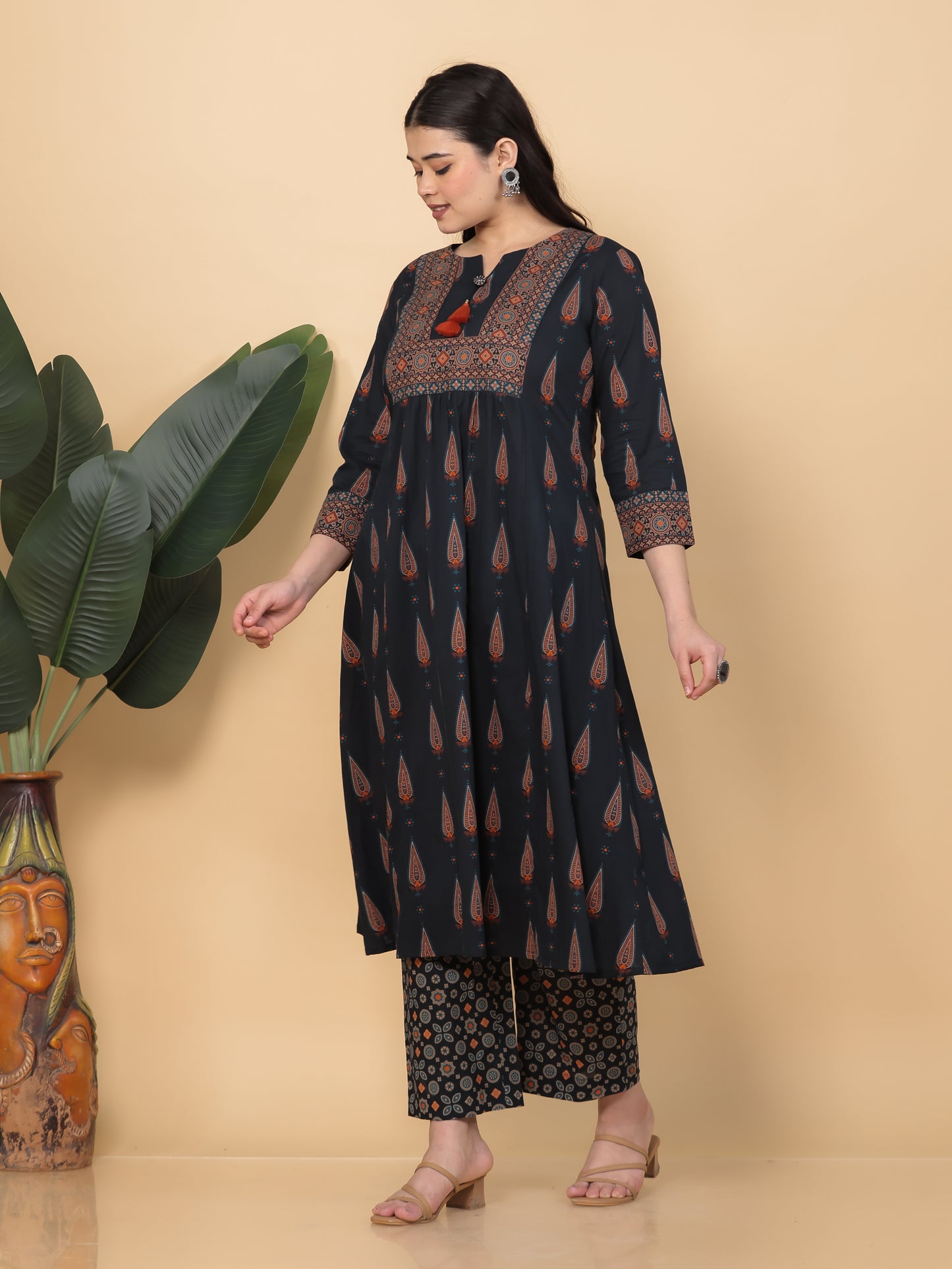Soft Cotton Geometric Flared Black Kurta