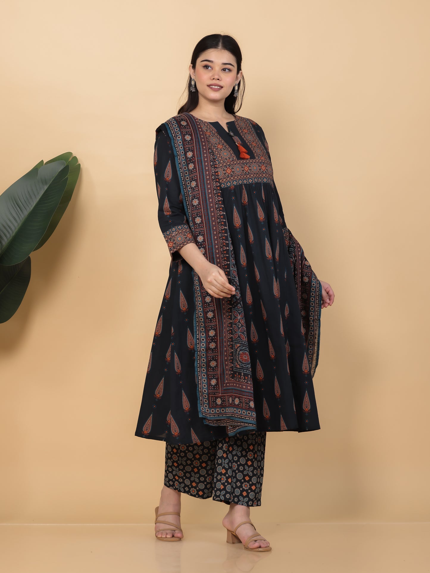 Soft Cotton Geometric Flared Black Kurta