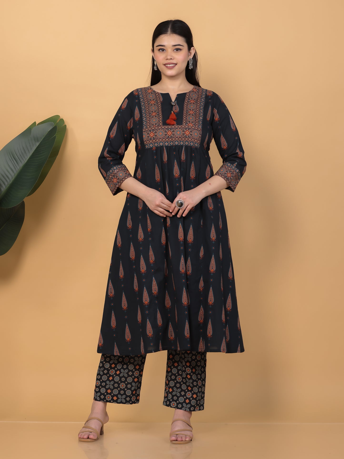 Soft Cotton Geometric Flared Black Kurta