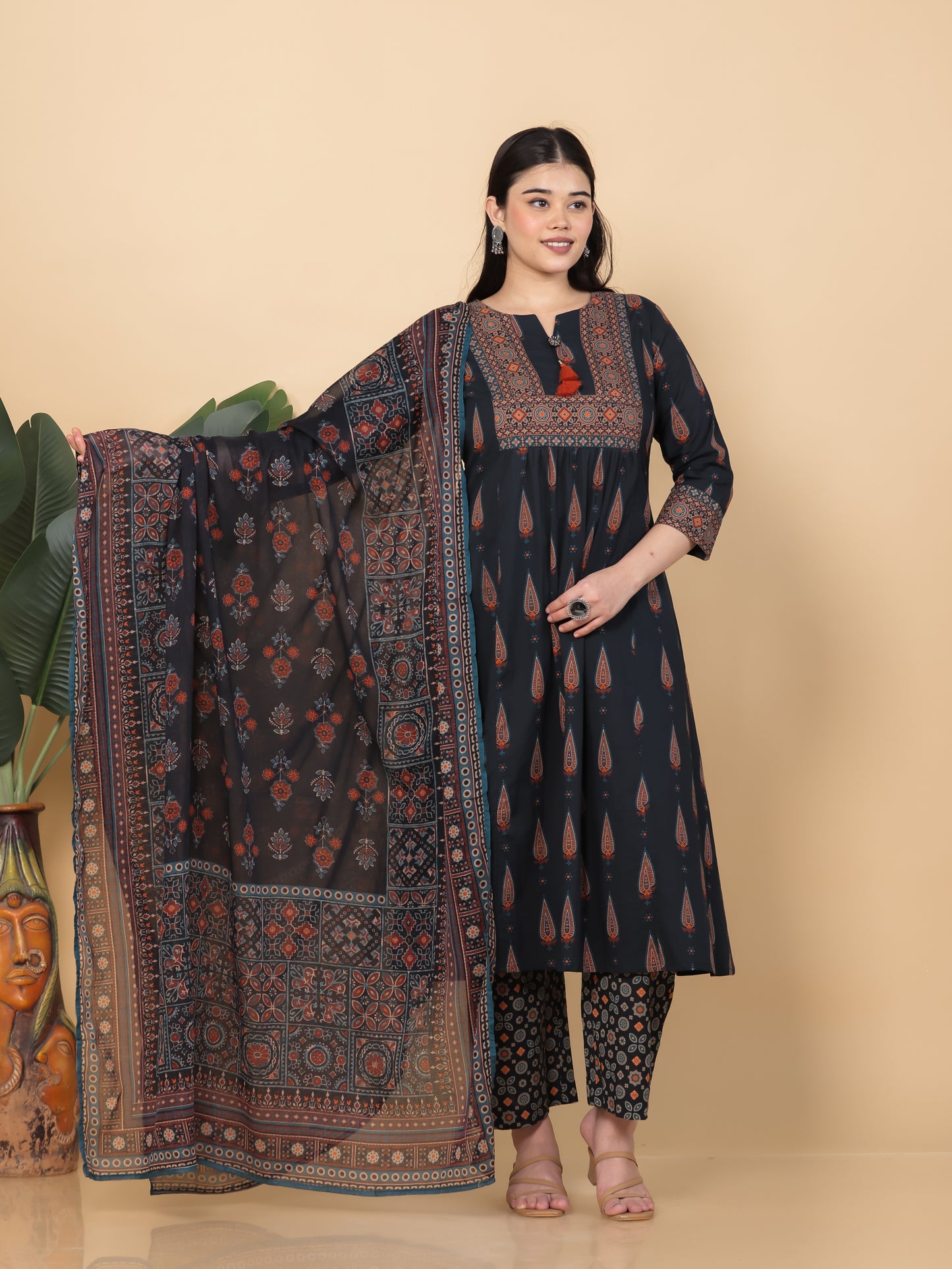 Soft Cotton Geometric Flared Black Kurta