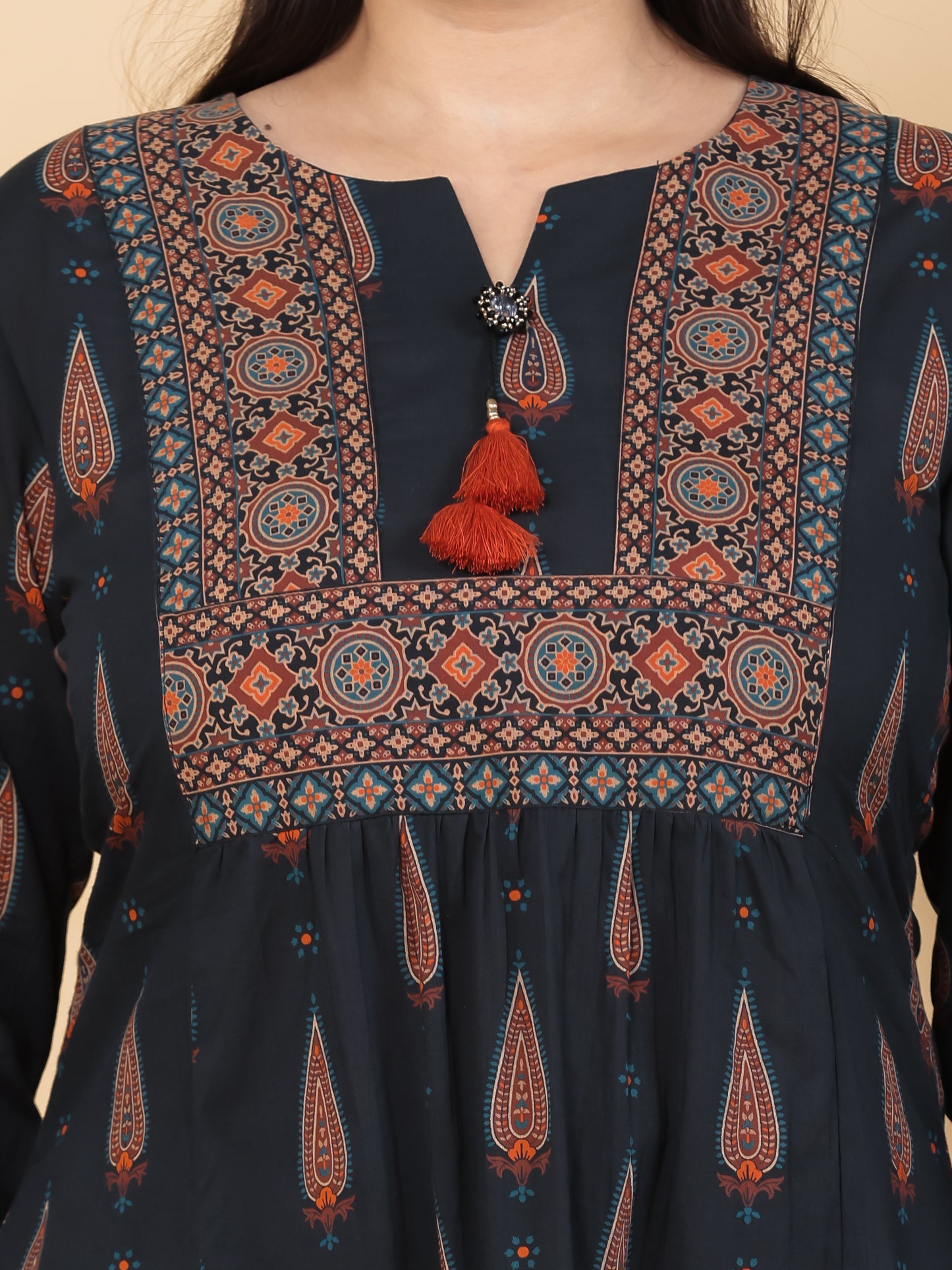 Soft Cotton Geometric Flared Black Kurta
