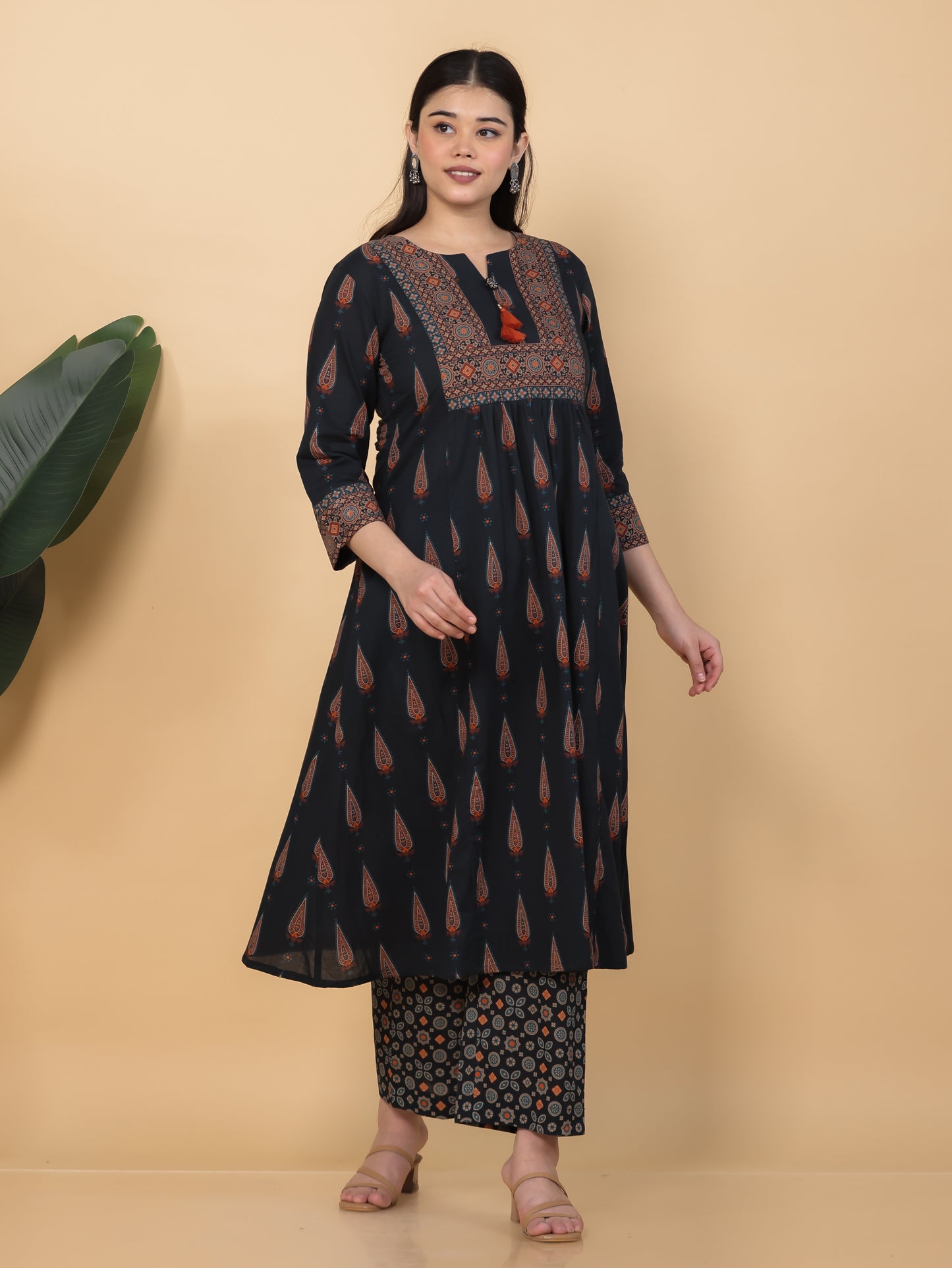 Soft Cotton Geometric Flared Black Kurta