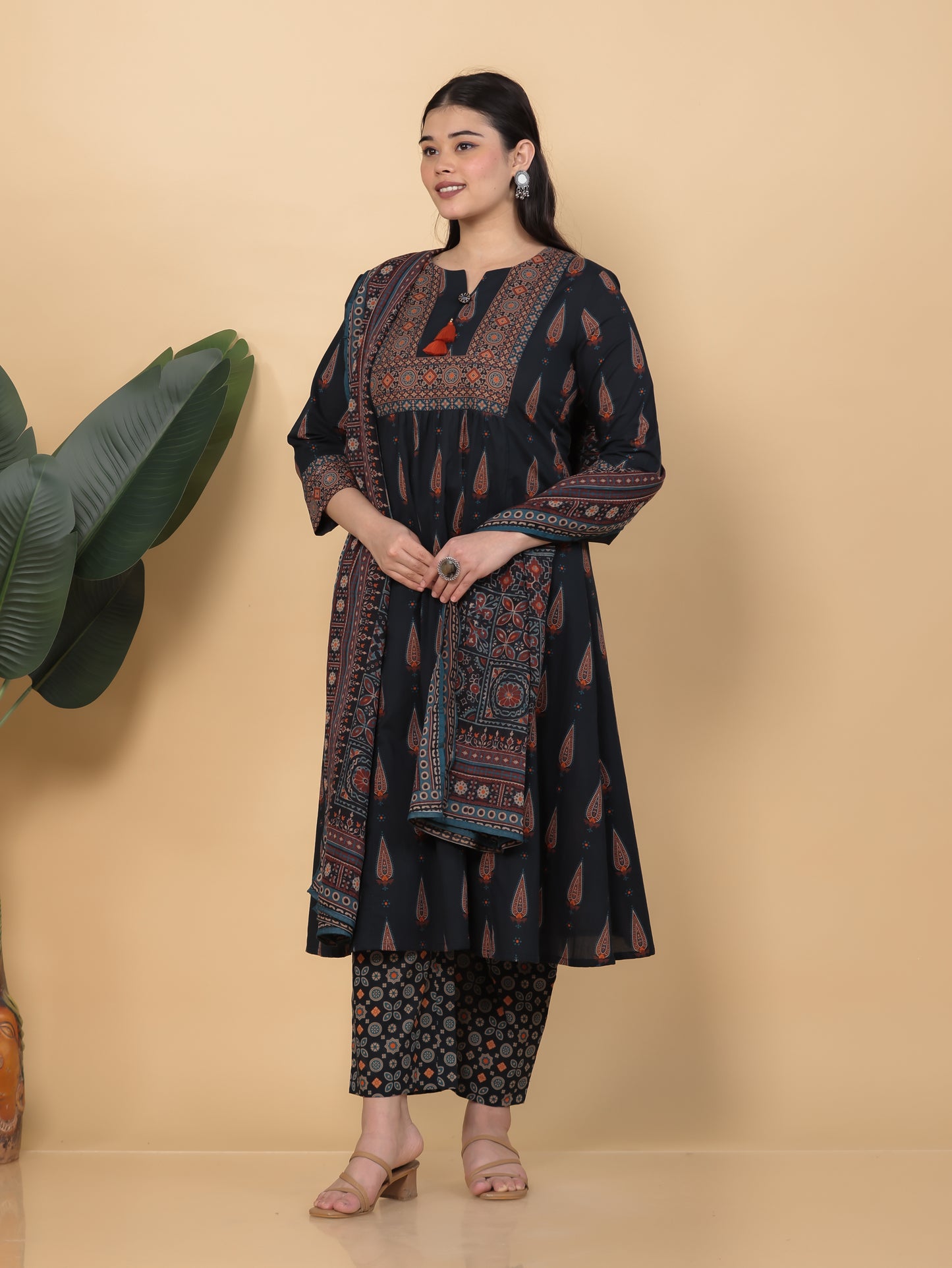 Soft Cotton Geometric Flared Black Kurta