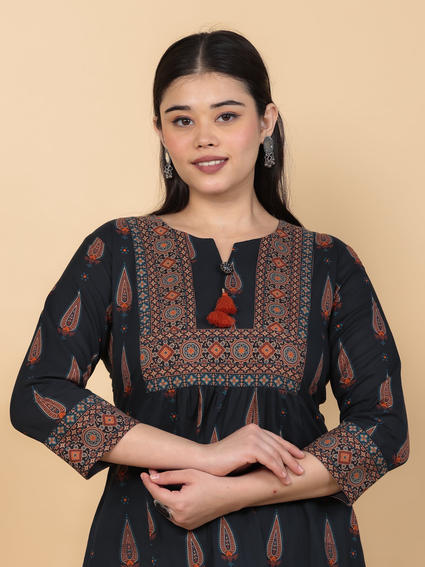 Soft Cotton Geometric Flared Black Kurta