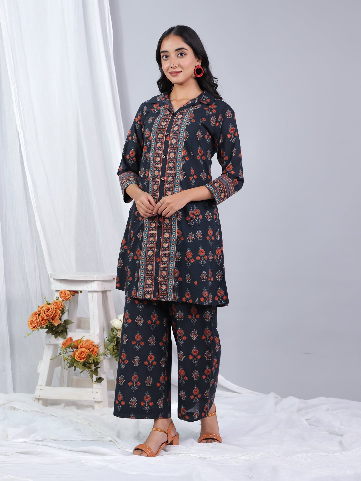 Soft Cotton Floral High Low Black Kurta