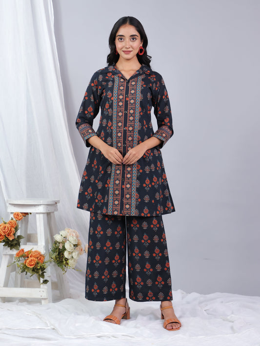 Soft Cotton Floral High Low Black Kurta
