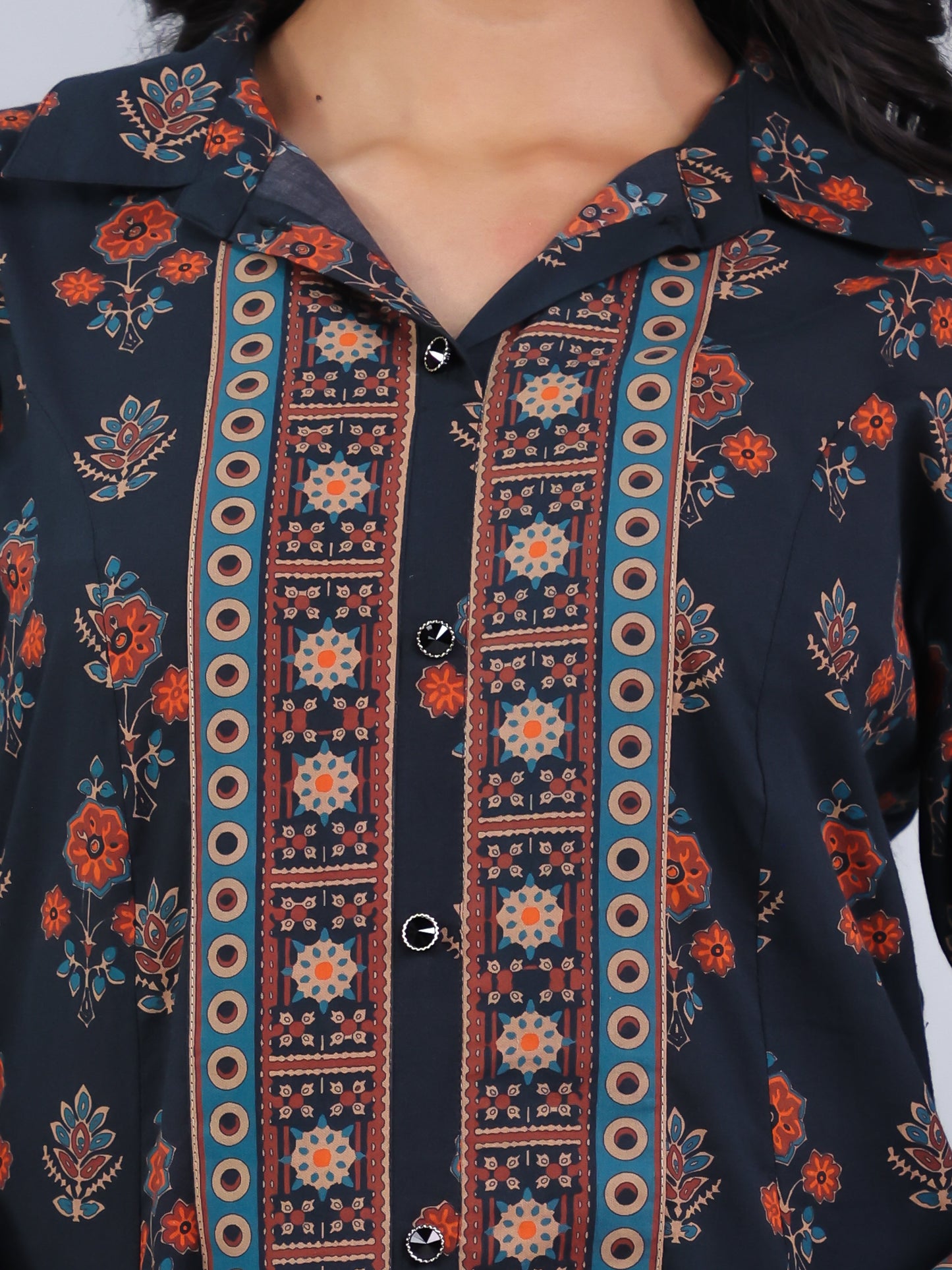 Soft Cotton Floral High Low Black Kurta