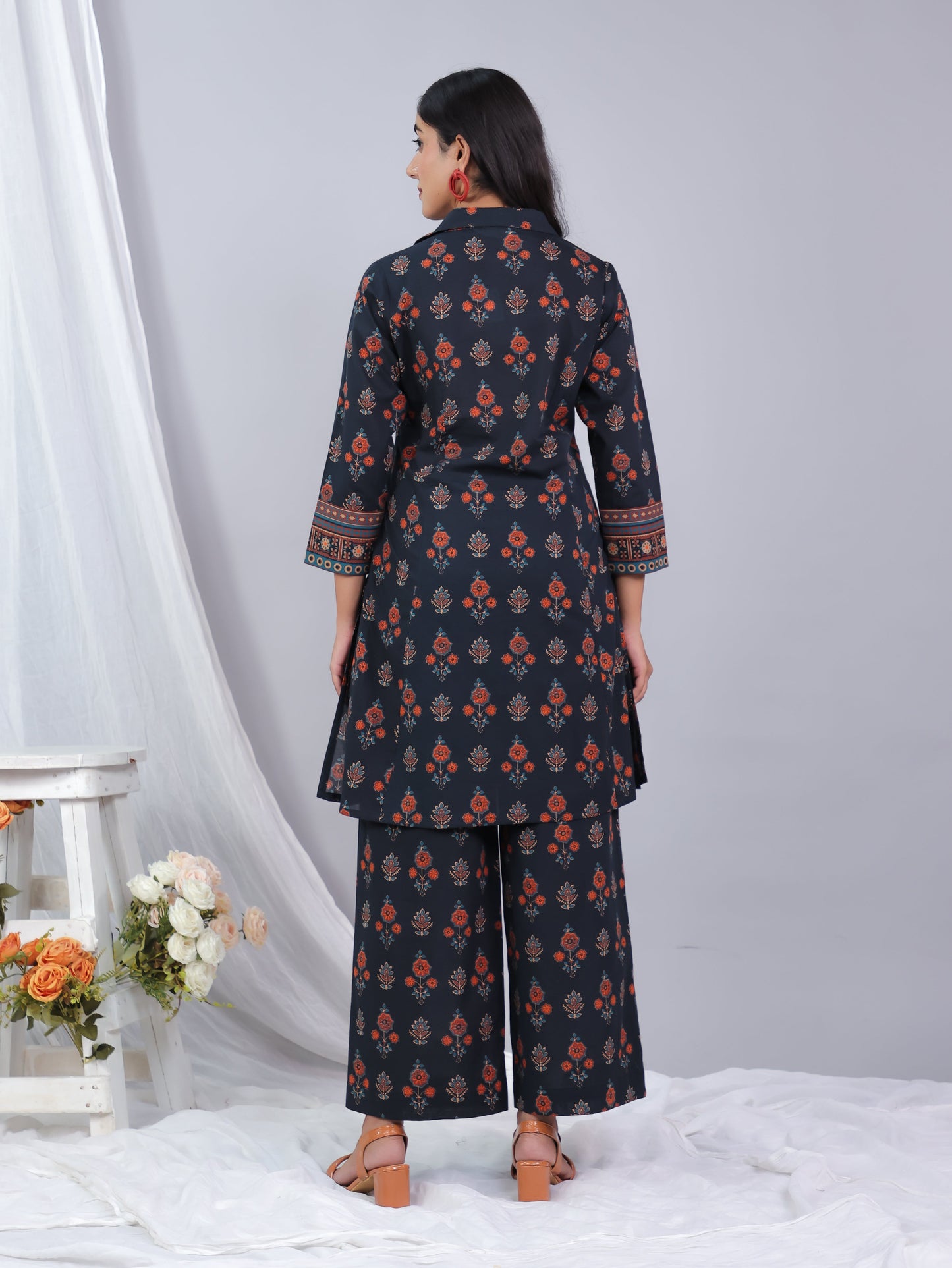 Soft Cotton Floral High Low Black Kurta