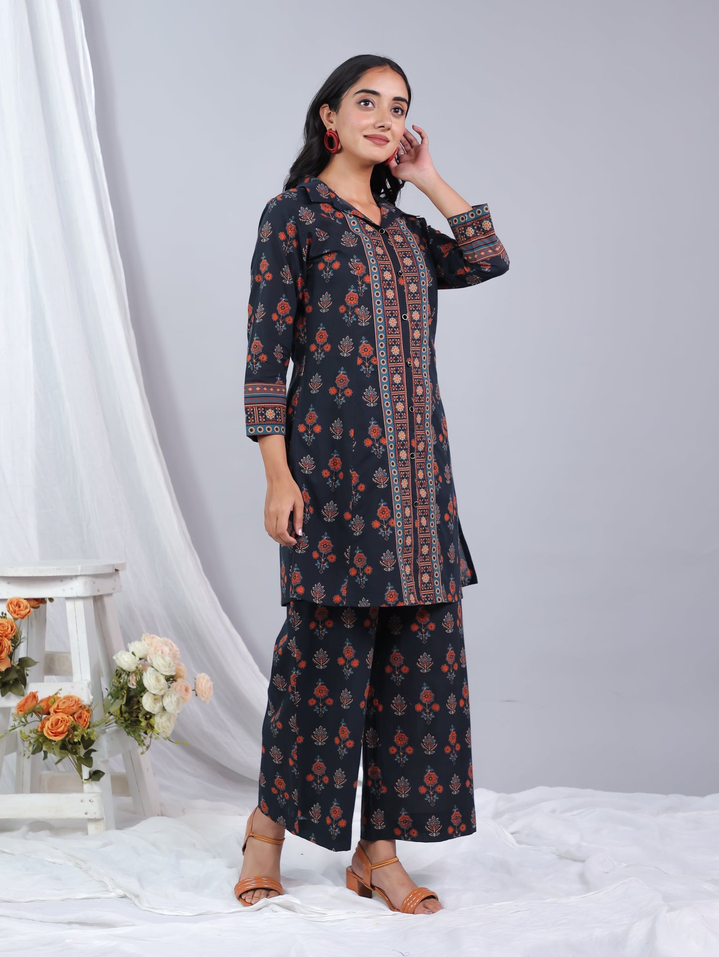 Soft Cotton Floral High Low Black Kurta