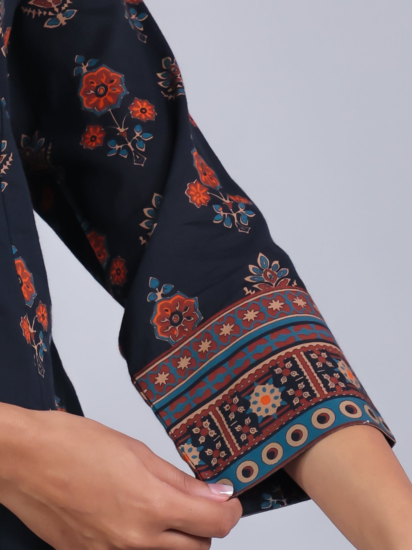 Soft Cotton Floral High Low Black Kurta