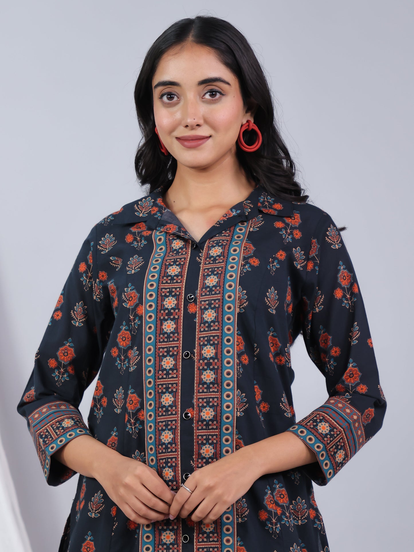 Soft Cotton Floral High Low Black Kurta