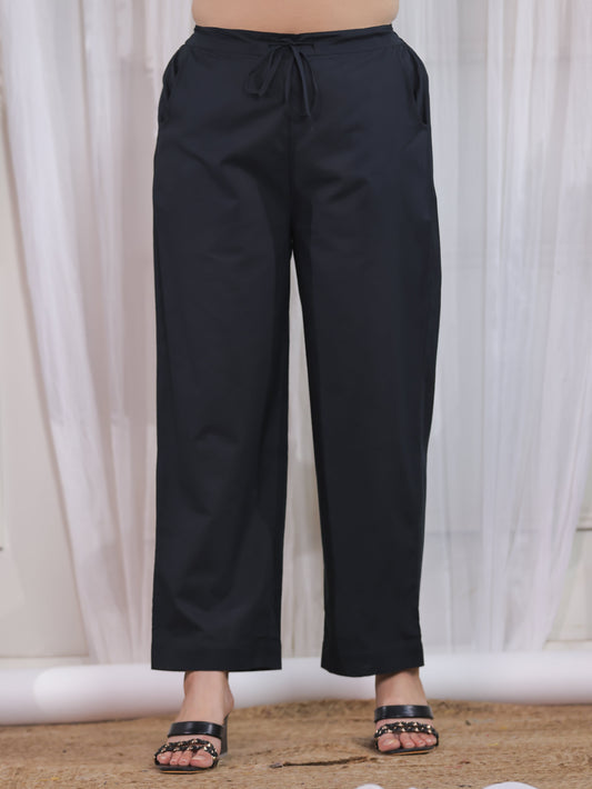Soft Cotton Solid Black Straight Trousers