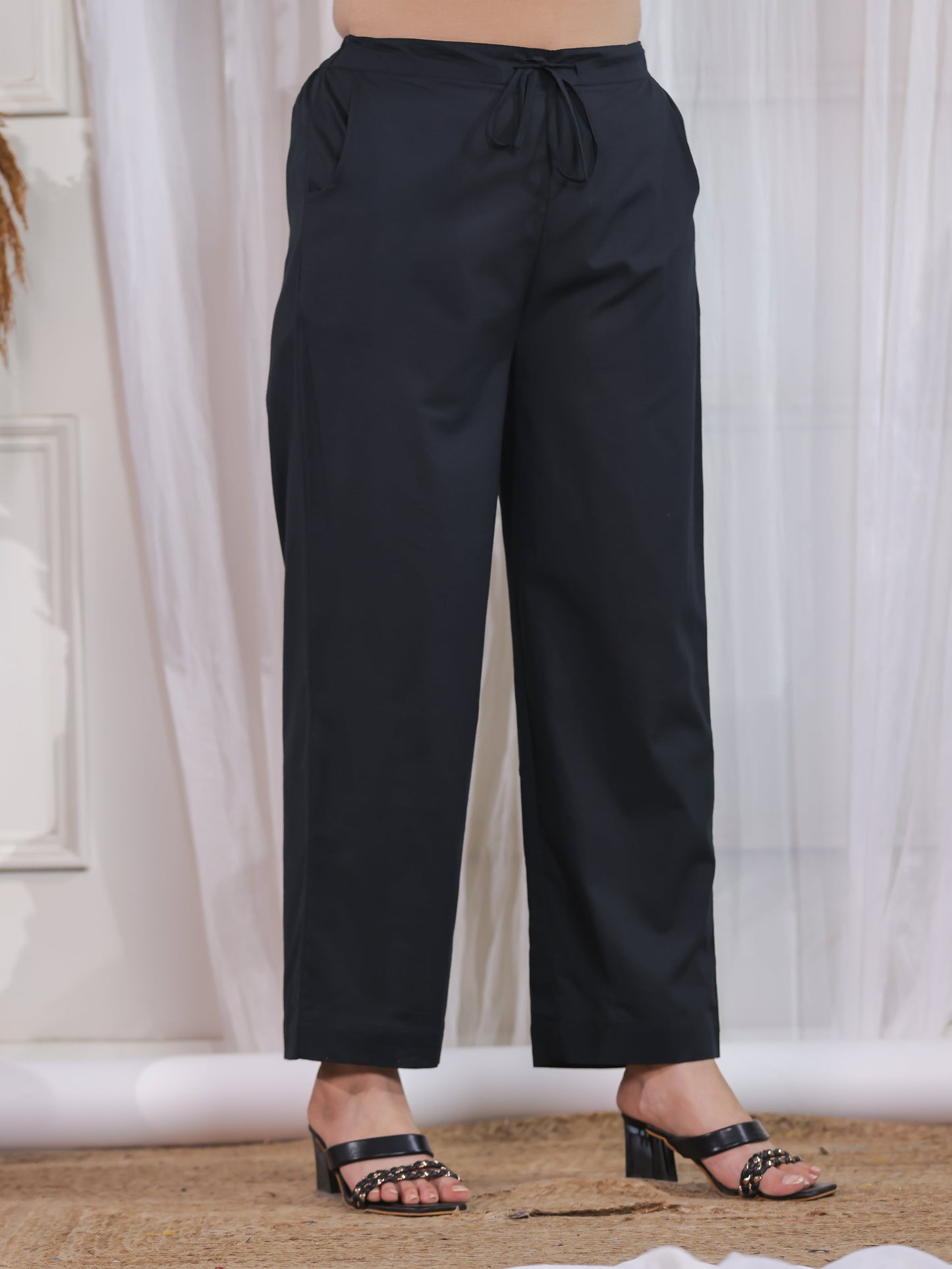 Soft Cotton Solid Black Straight Trousers