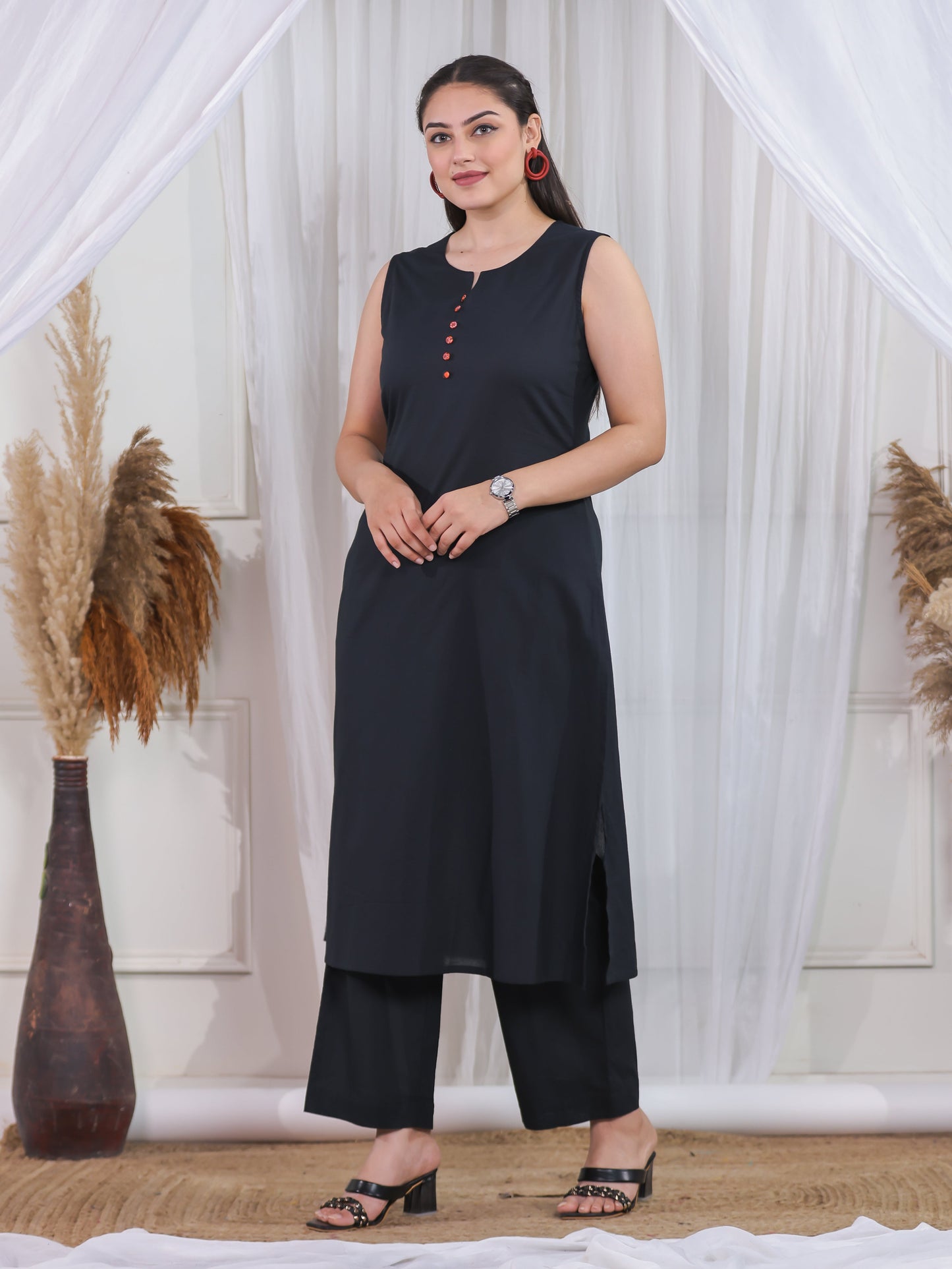 Soft Cotton Solid A-line Black Kurta