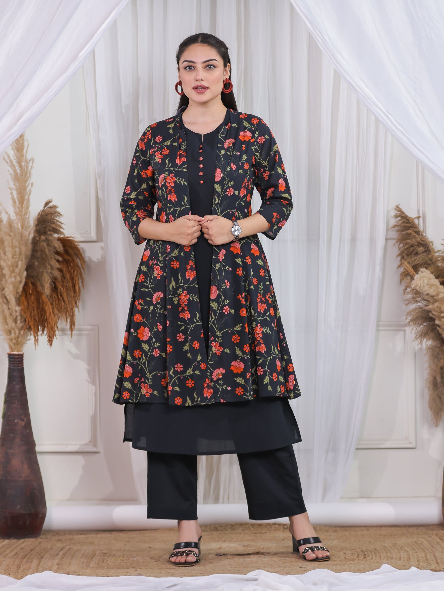 Soft Cotton Solid A-line Black Kurta