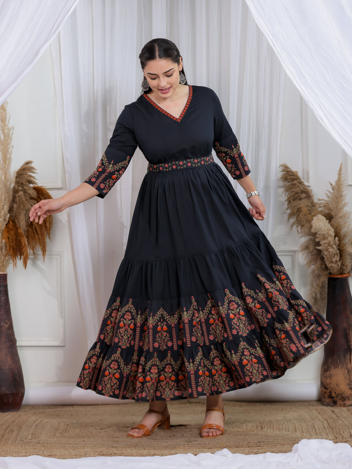 Soft Cotton Solid Anarkali Black Dress (With Belt)