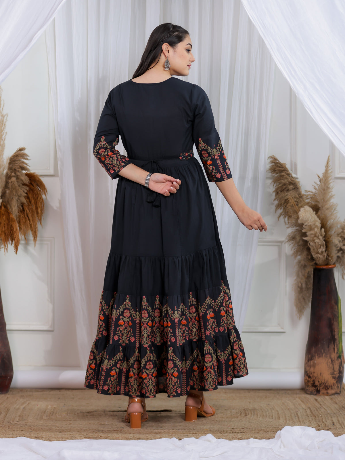 Soft Cotton Solid Anarkali Black Dress (With Belt)