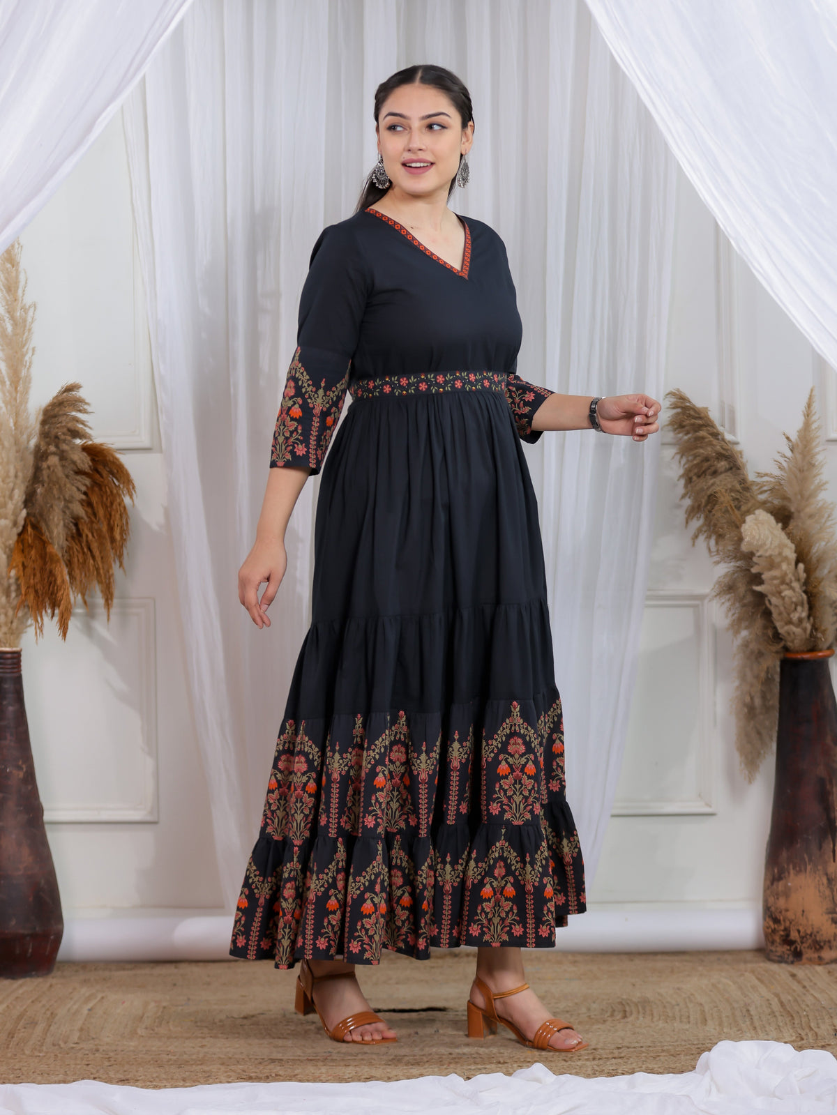 Soft Cotton Solid Anarkali Black Dress (With Belt)
