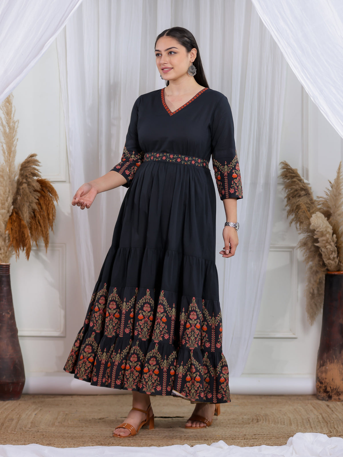Soft Cotton Solid Anarkali Black Dress (With Belt)