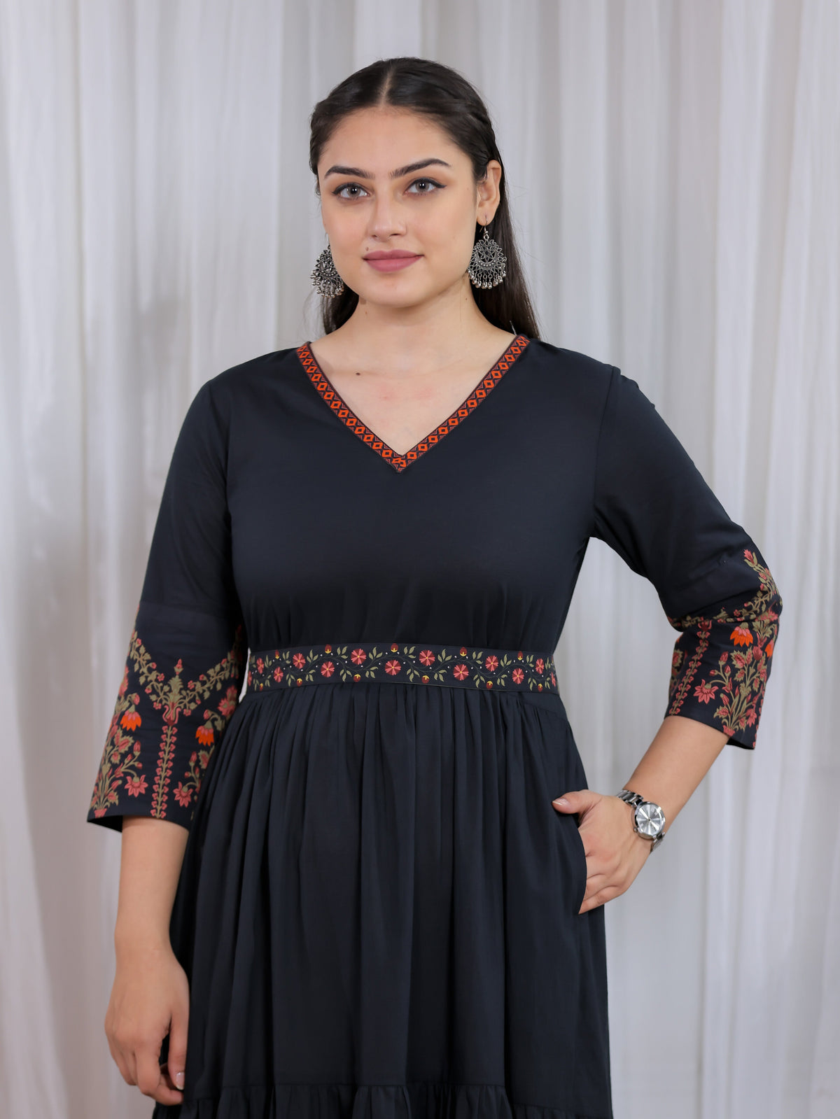 Soft Cotton Solid Anarkali Black Dress (With Belt)