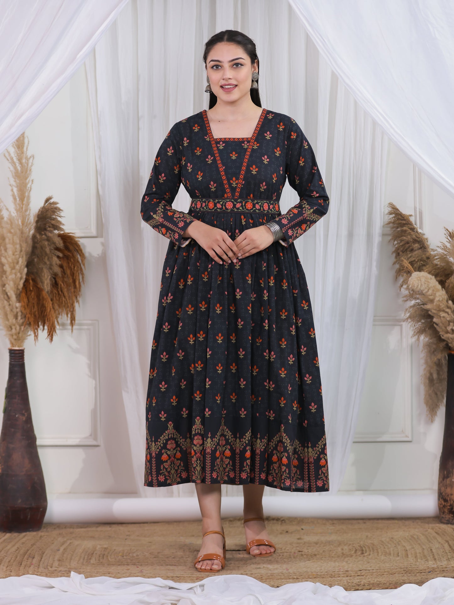 Soft Cotton Floral Anarkali Black Dress
