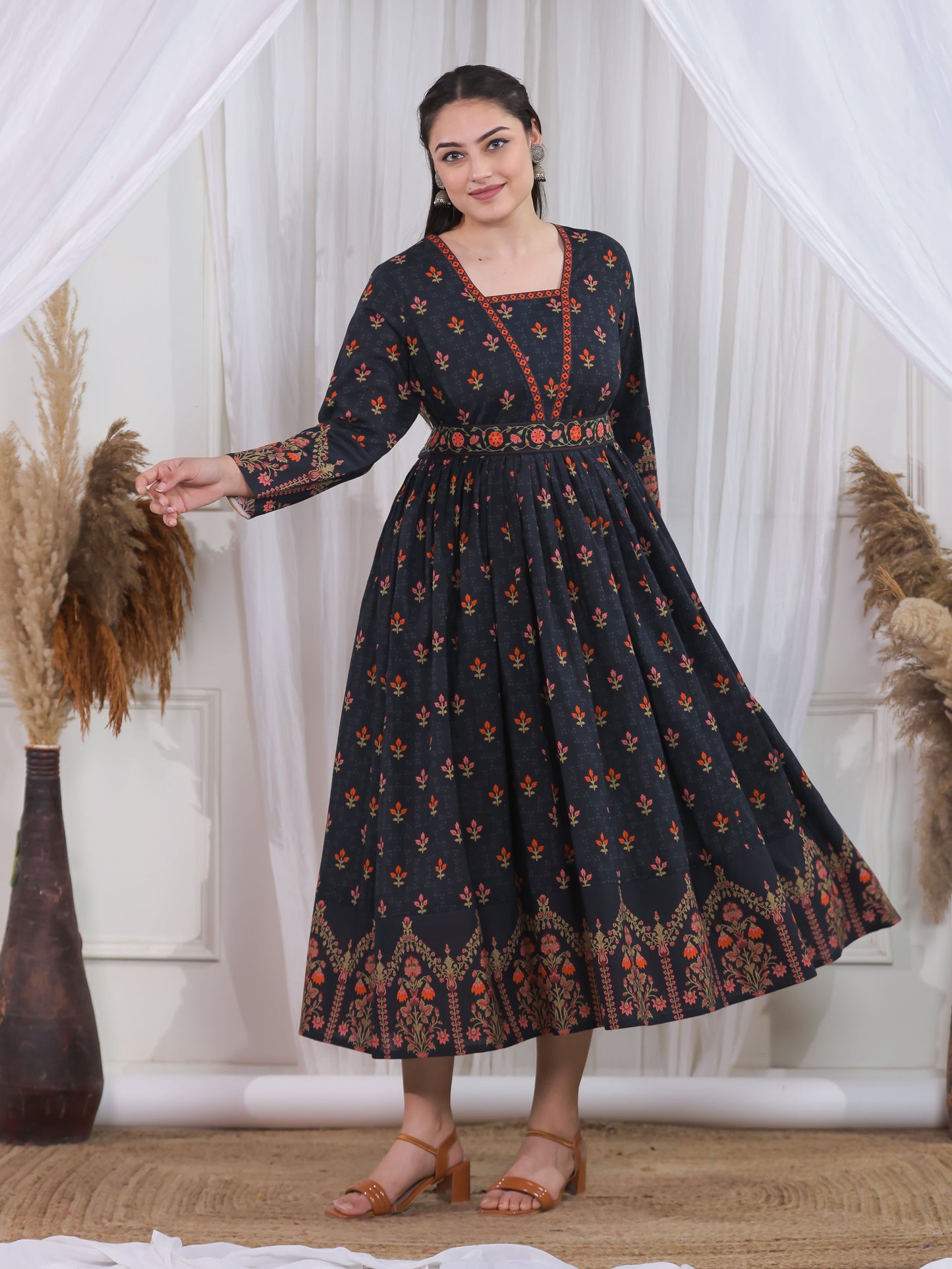 Soft Cotton Floral Anarkali Black Dress