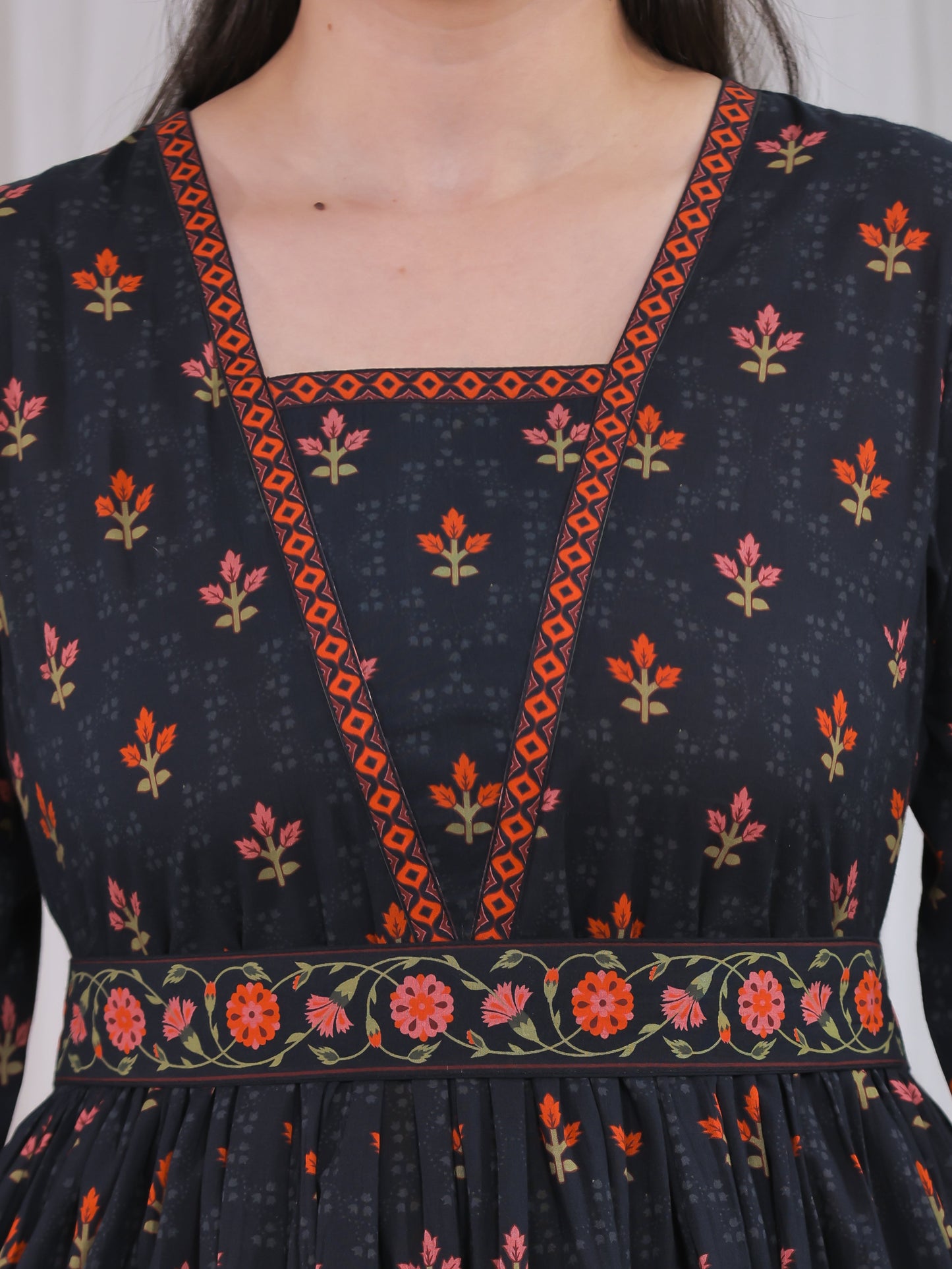 Soft Cotton Floral Anarkali Black Dress