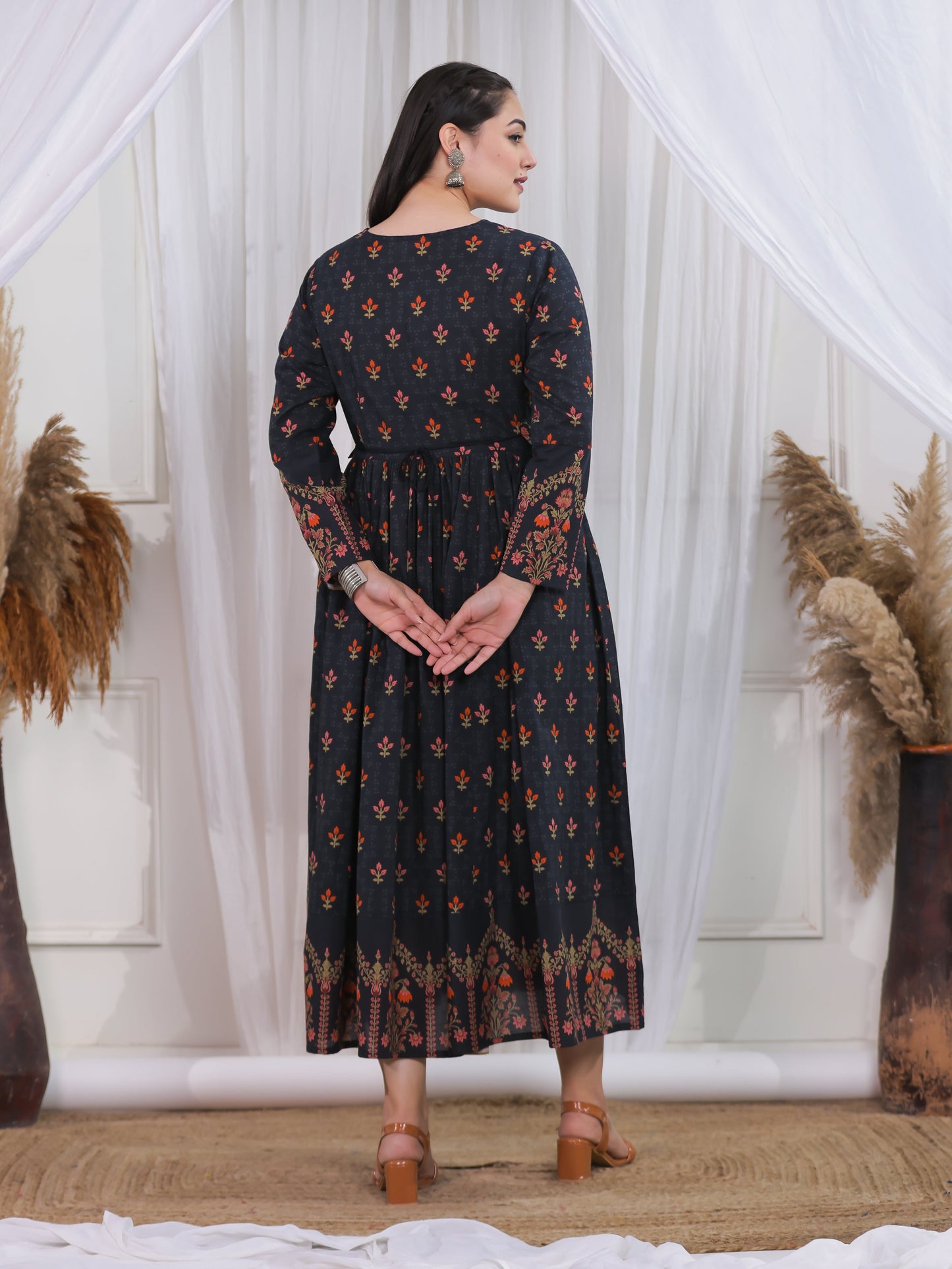 Soft Cotton Floral Anarkali Black Dress