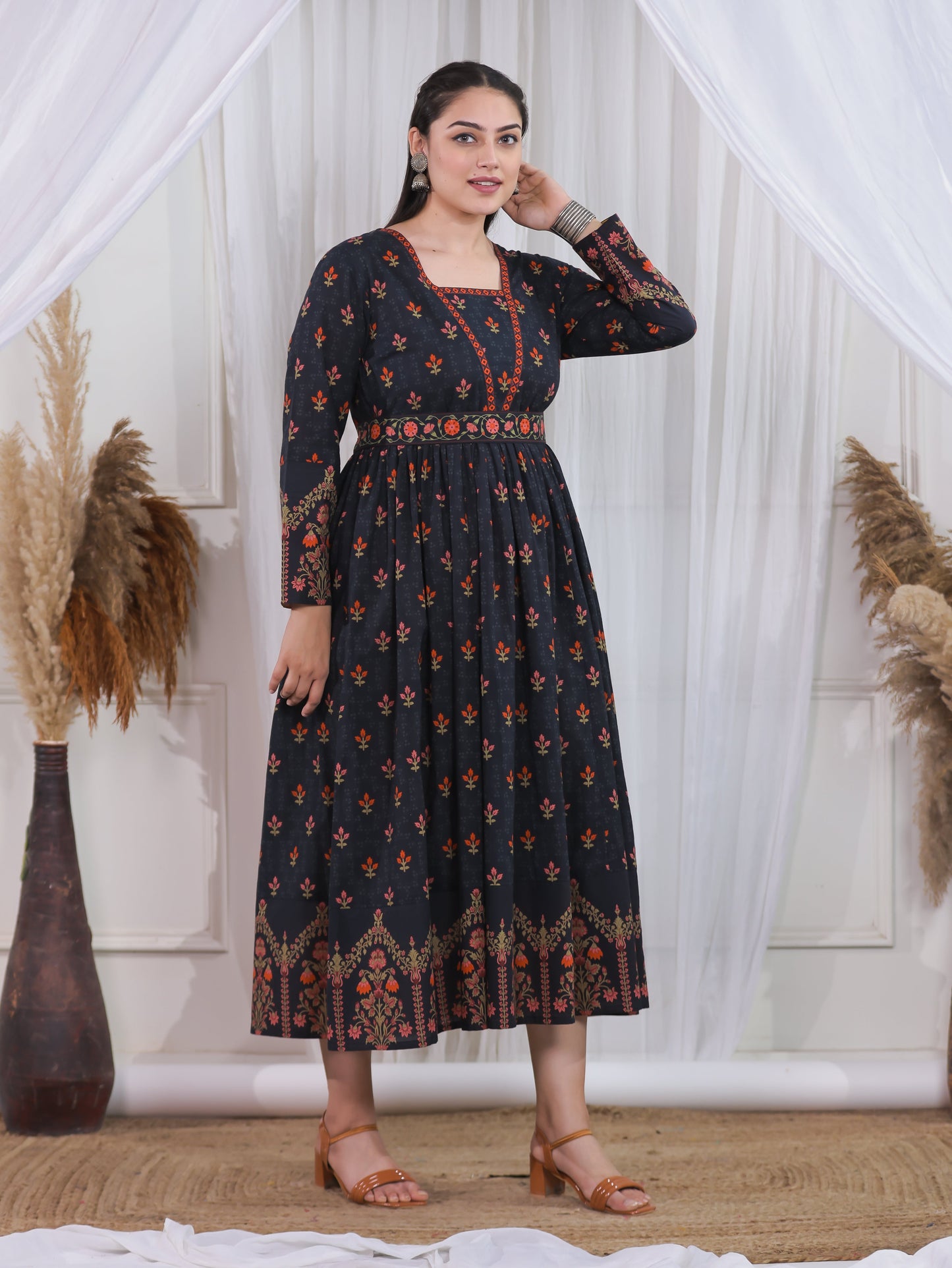 Soft Cotton Floral Anarkali Black Dress
