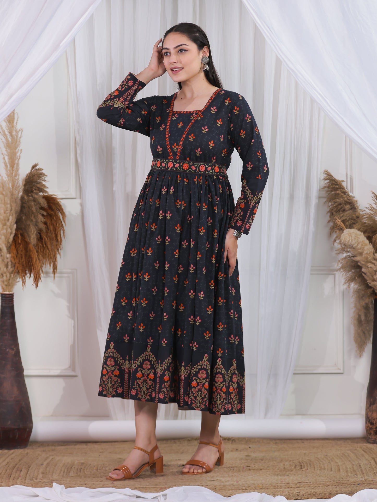Soft Cotton Floral Anarkali Black Dress