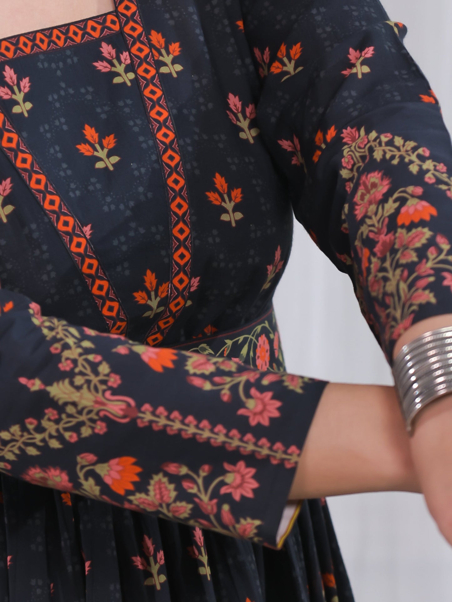Soft Cotton Floral Anarkali Black Dress
