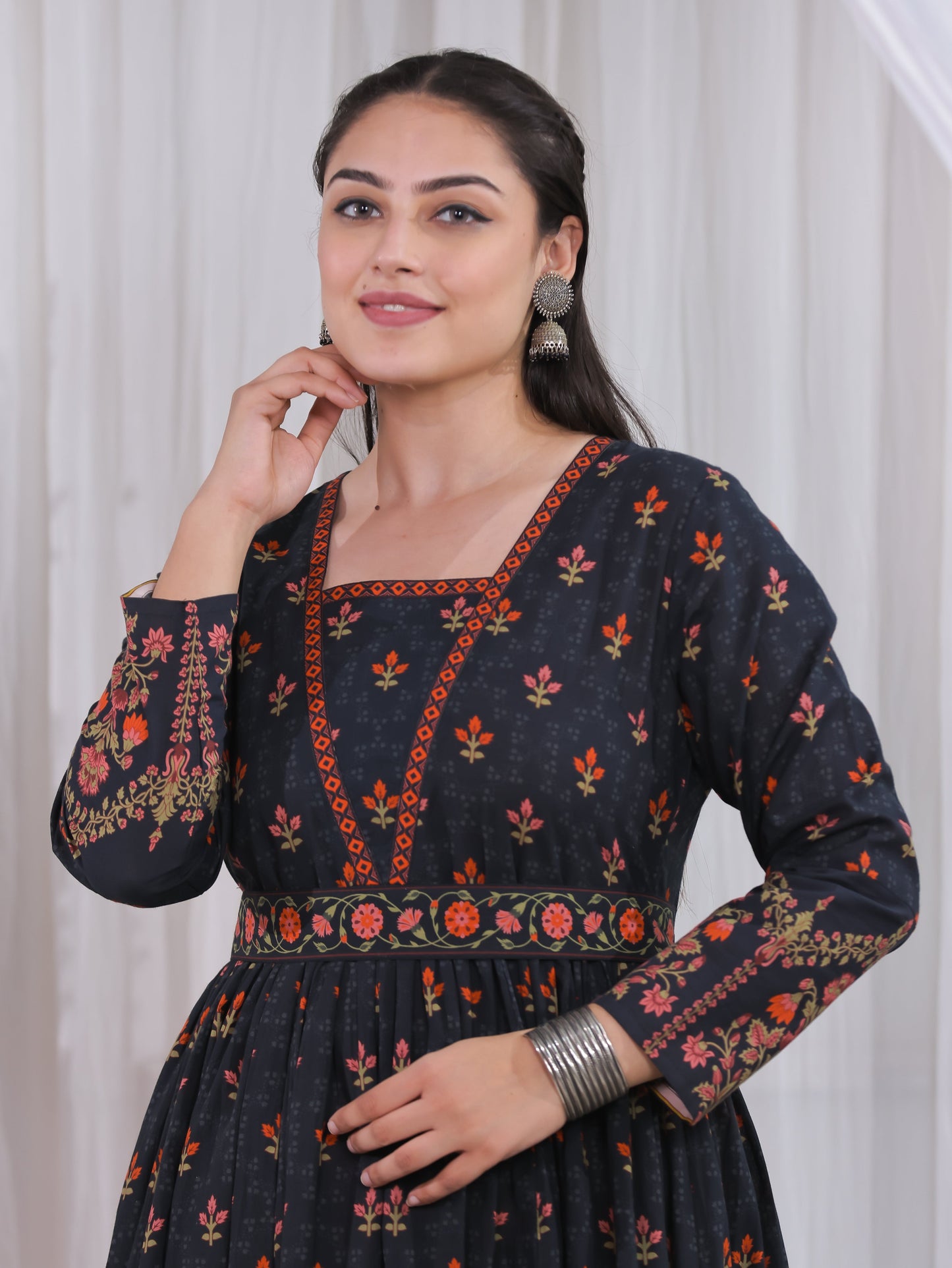 Soft Cotton Floral Anarkali Black Dress