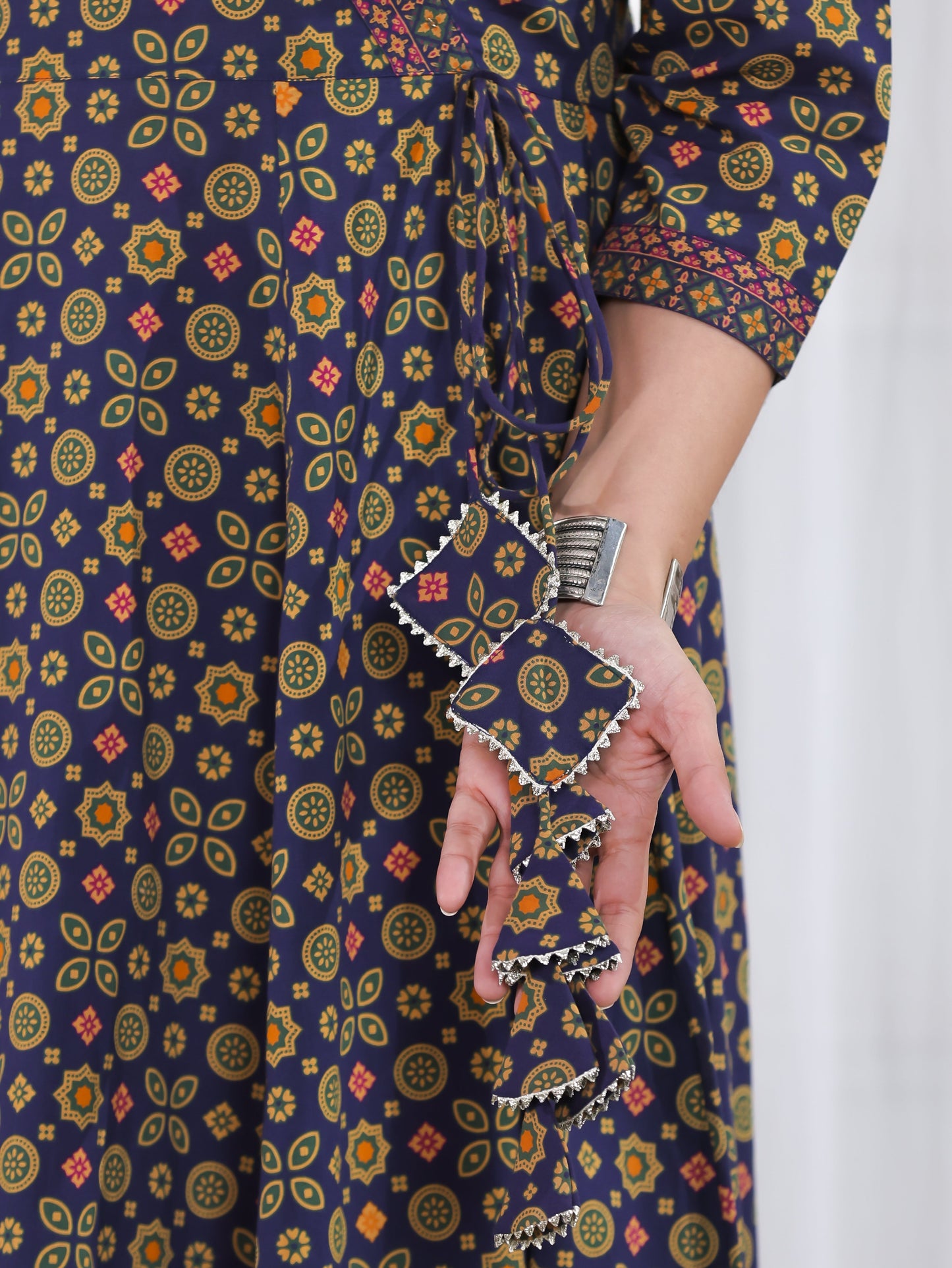 Soft Cotton Geometric Angrakha Navy Blue Kurta